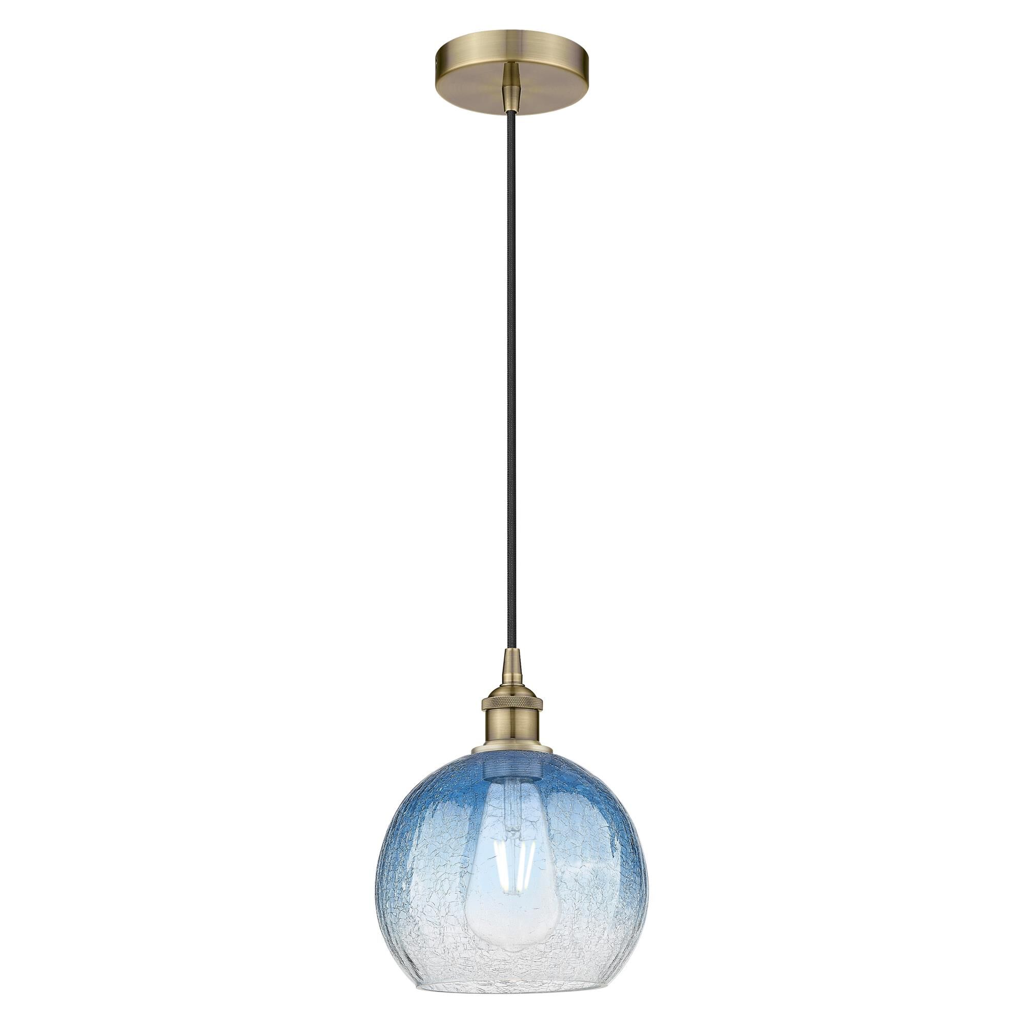 Shown in Antique Brass finish and Sapphire Blue glass