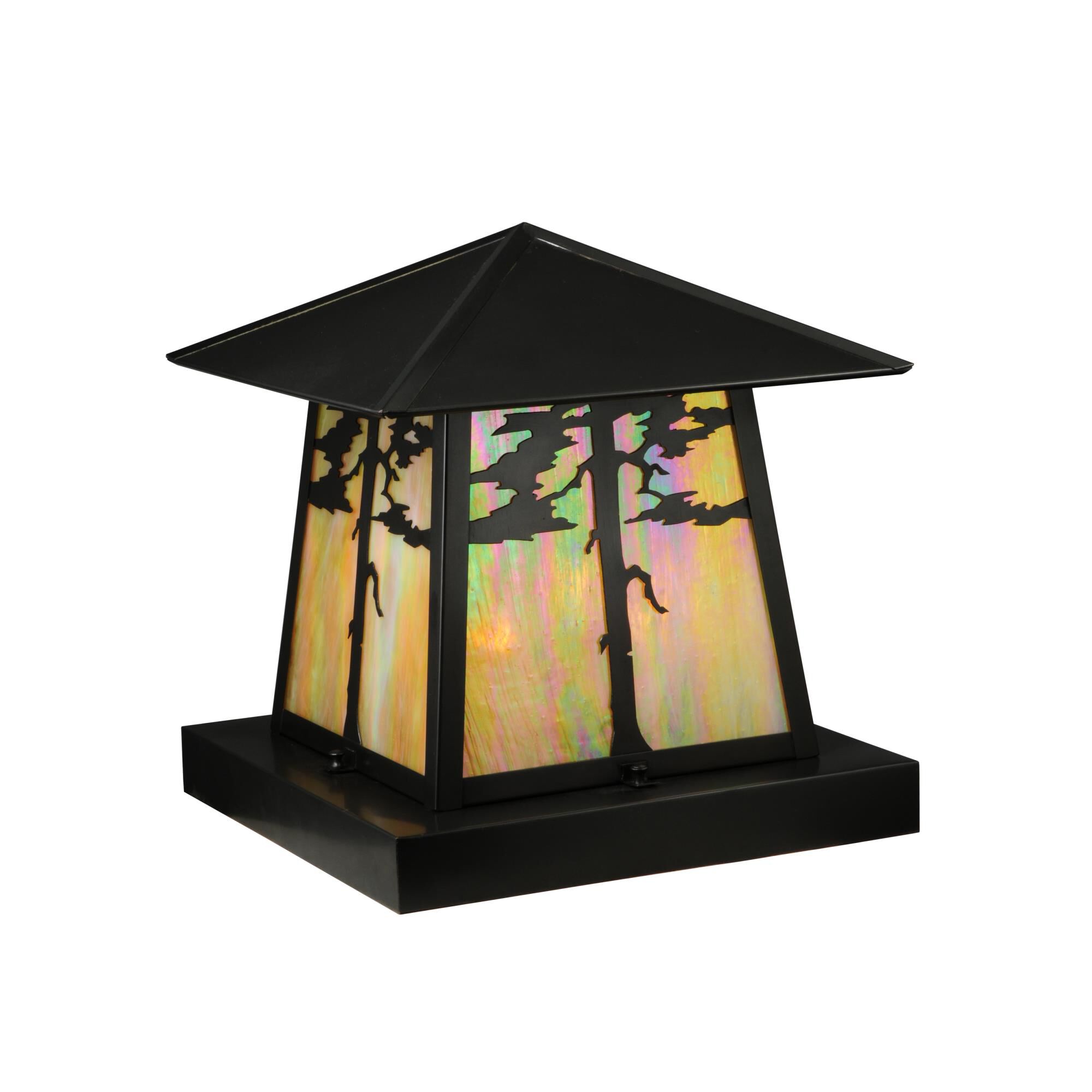 Shown in Craftsman Brown Finish finish and Beige Iridescent glass