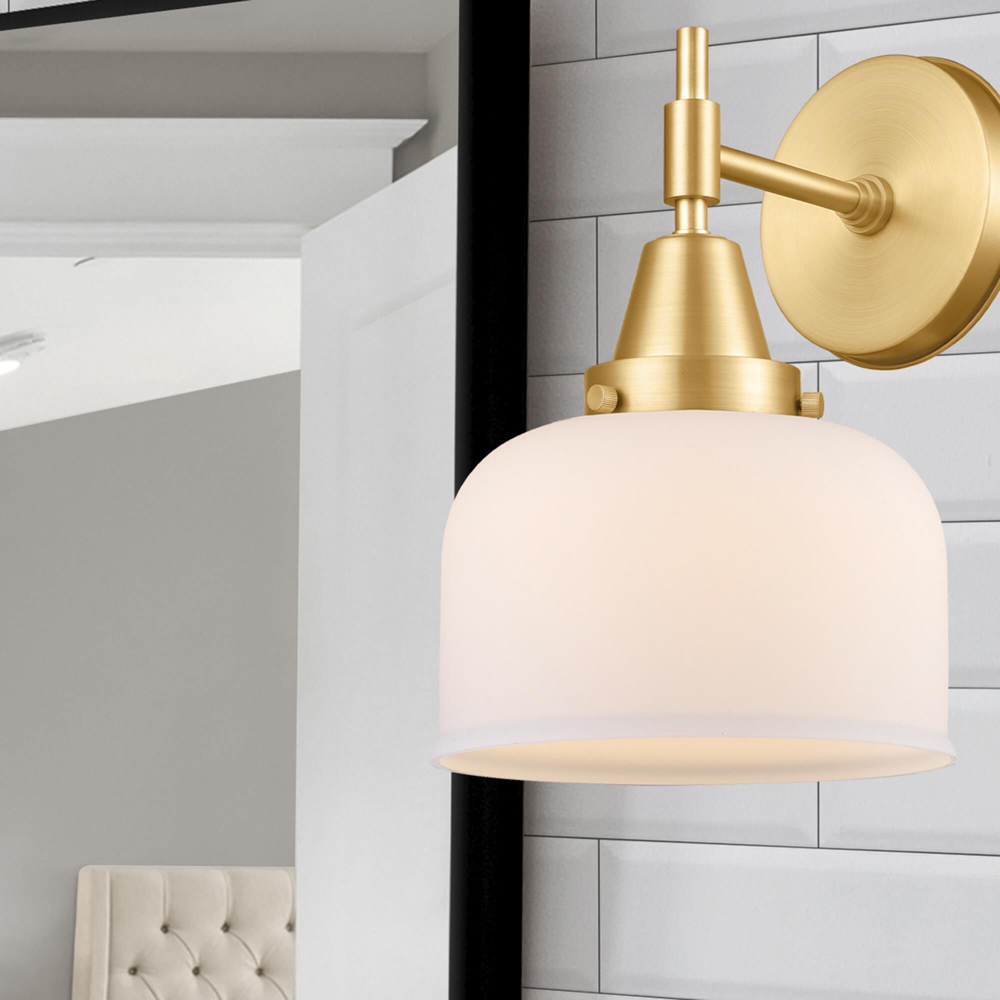 Shown in Satin Gold finish and Matte White Cased Large Bell glass