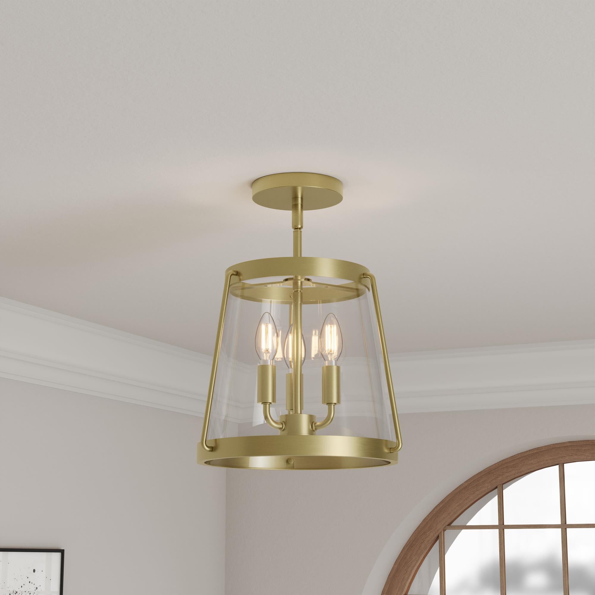 Shown in Vintage Brass finish and Clear glass