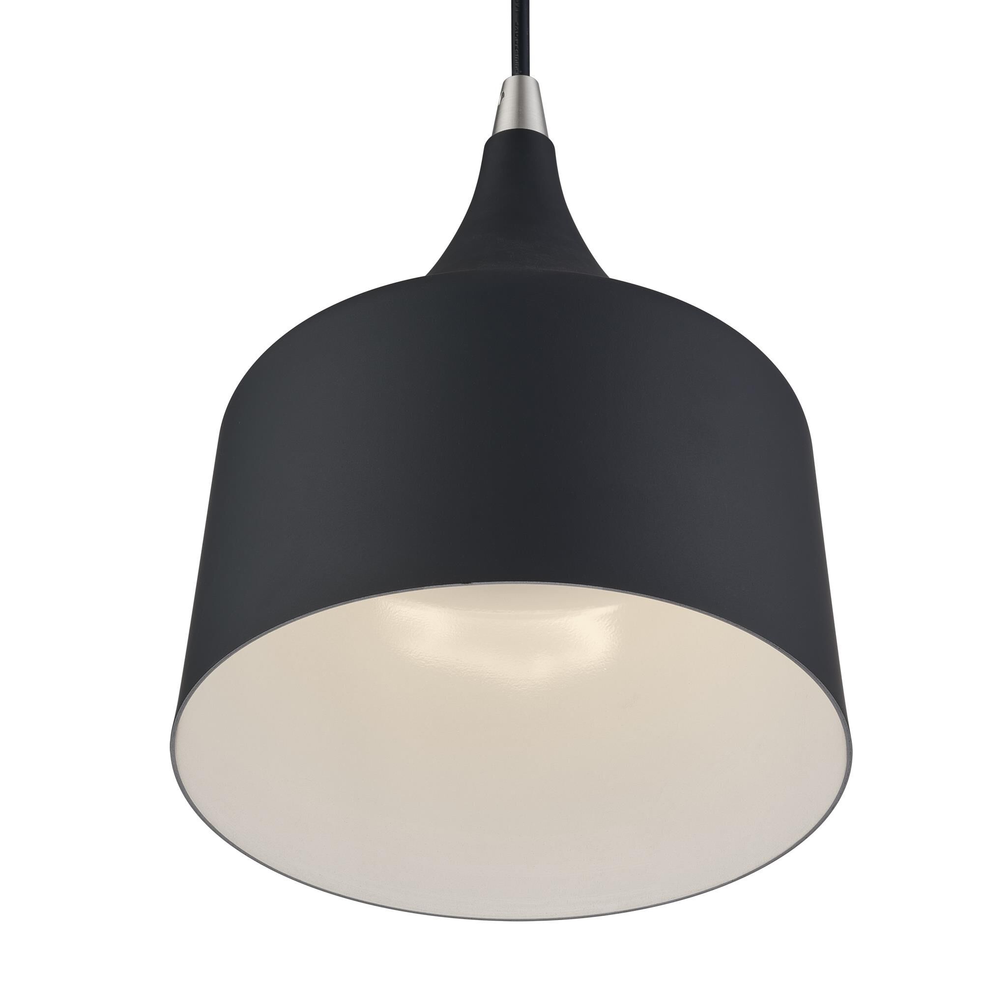 Shown in Black with Brushed Nickel Accents finish and Black Aluminum with Shiny White Inside shade