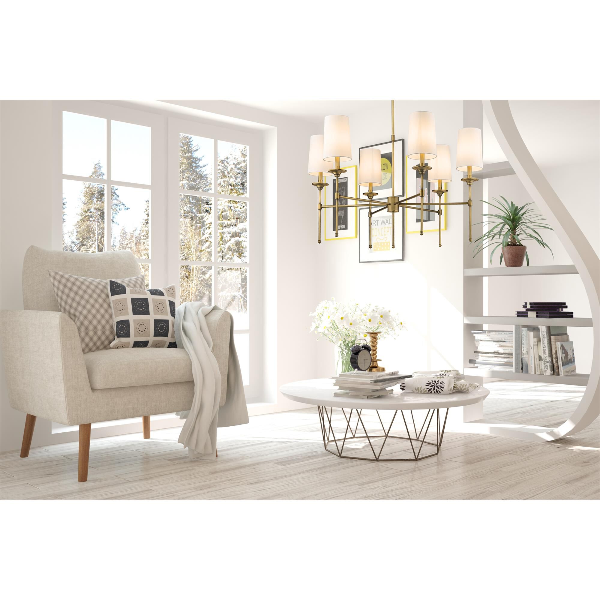 Shown in Rubbed Brass finish and No Glass glass and Off White shade