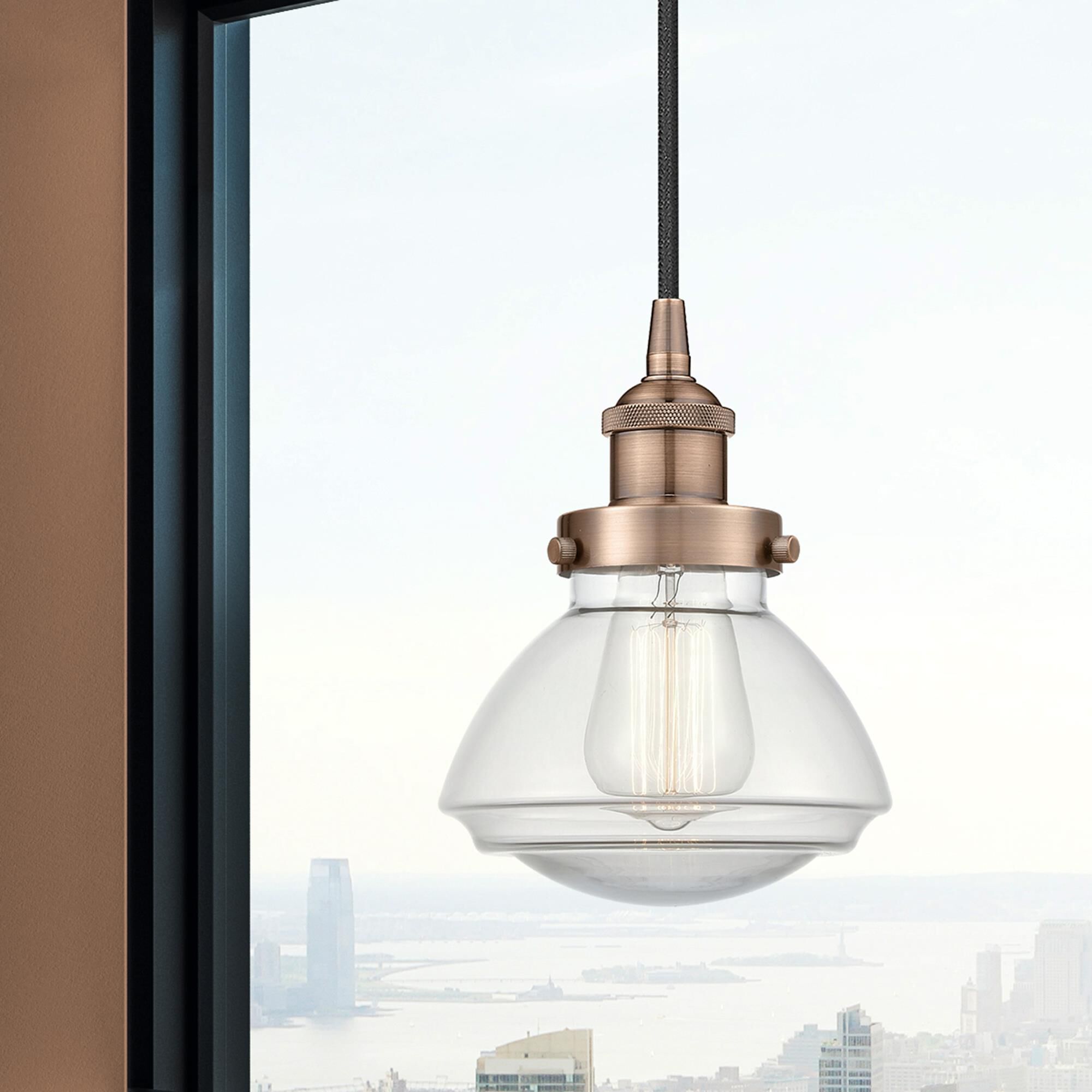 Shown in Antique Copper finish and Clear glass