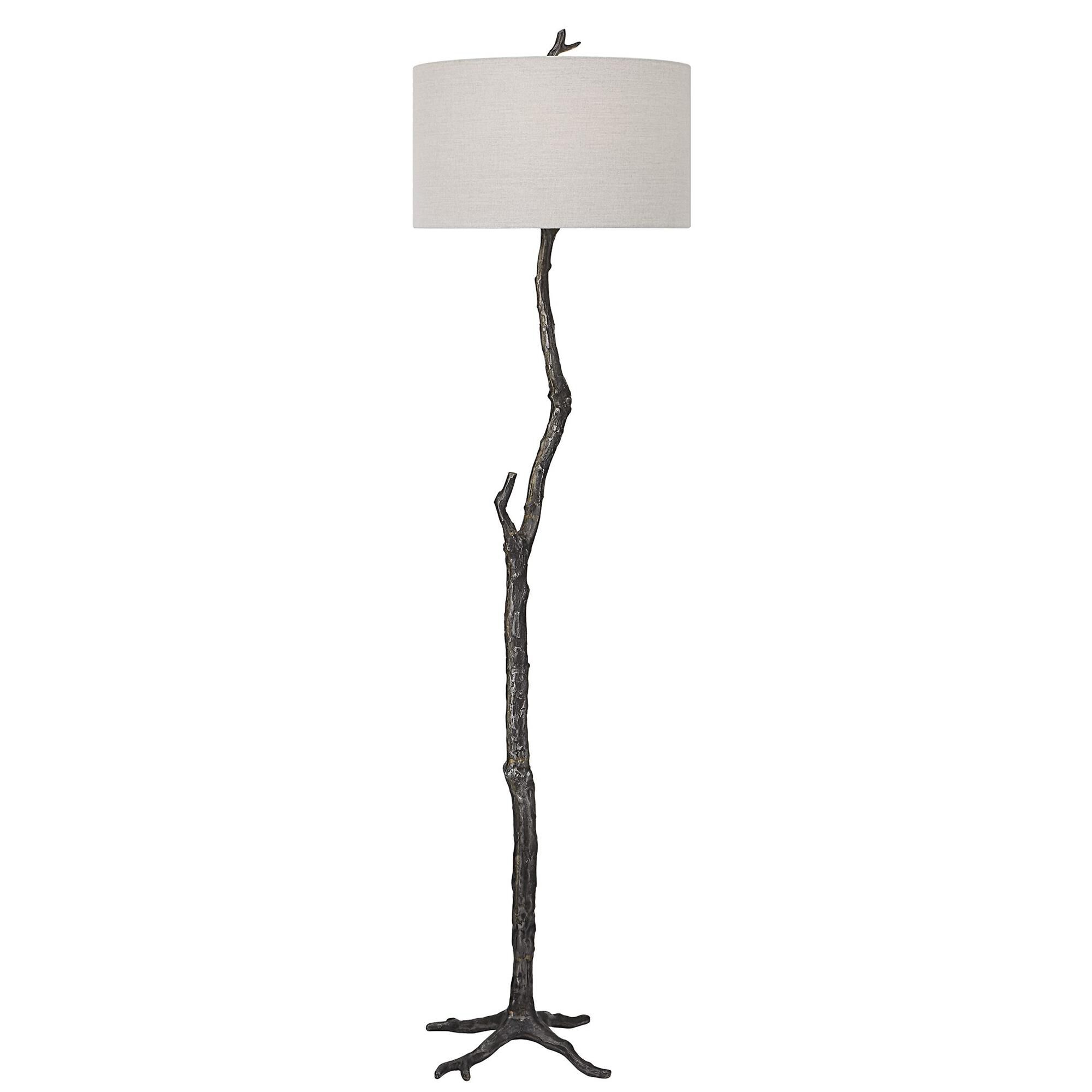 Shown in Drawing Inspiration From Nature, This Floor Lamp Is Handcrafted From Cast Iron With Sculpted Details finish and Round Hardback Drum shade