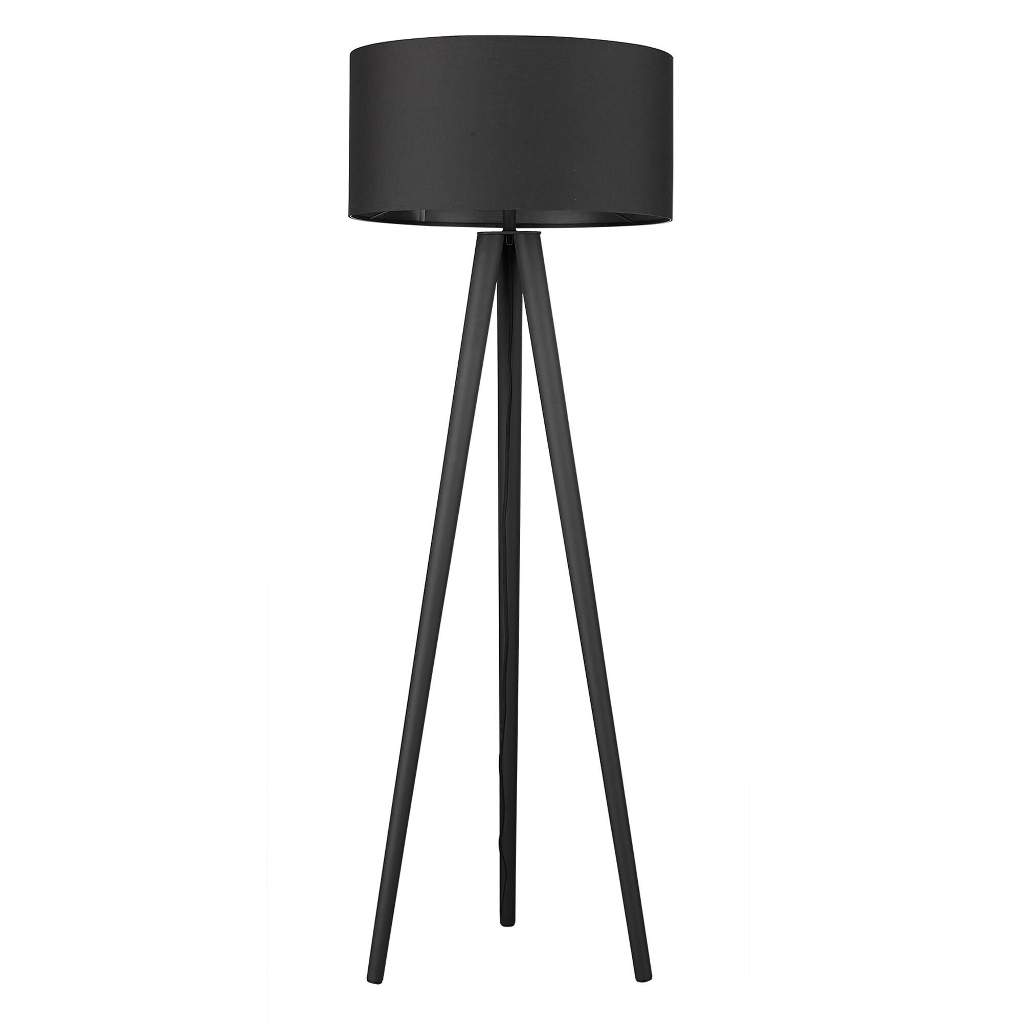 Shown in Matte Black finish and Black glass and Black Fabric Drum shade