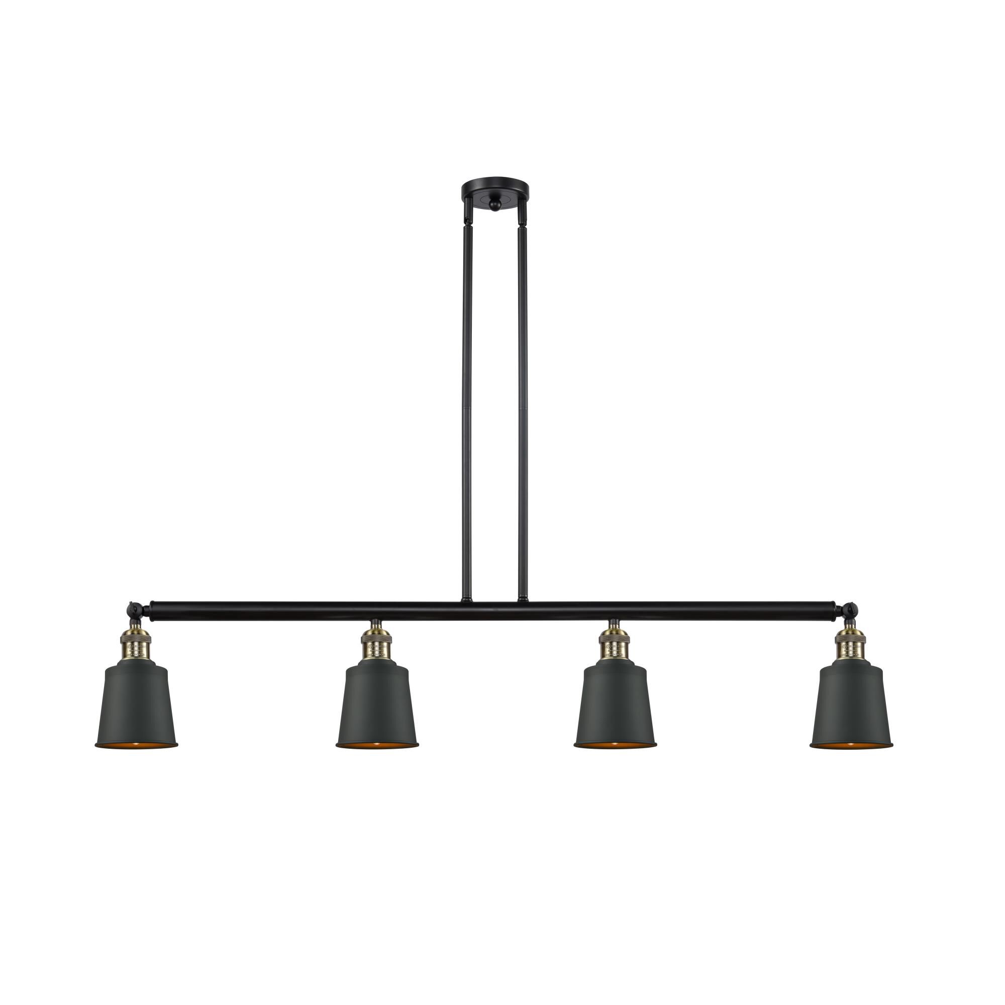 Shown in Black Antique Brass finish and Matte Black Addison shade