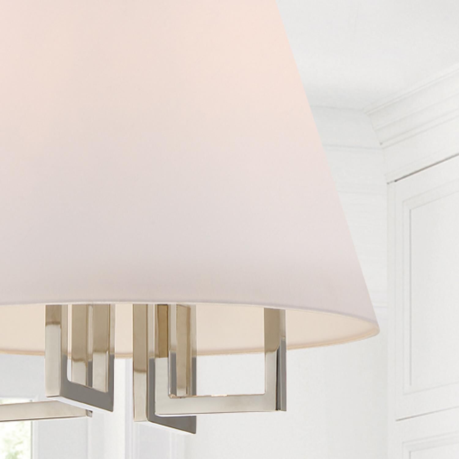 Shown in Polished Nickel finish and Silk glass and Silk shade