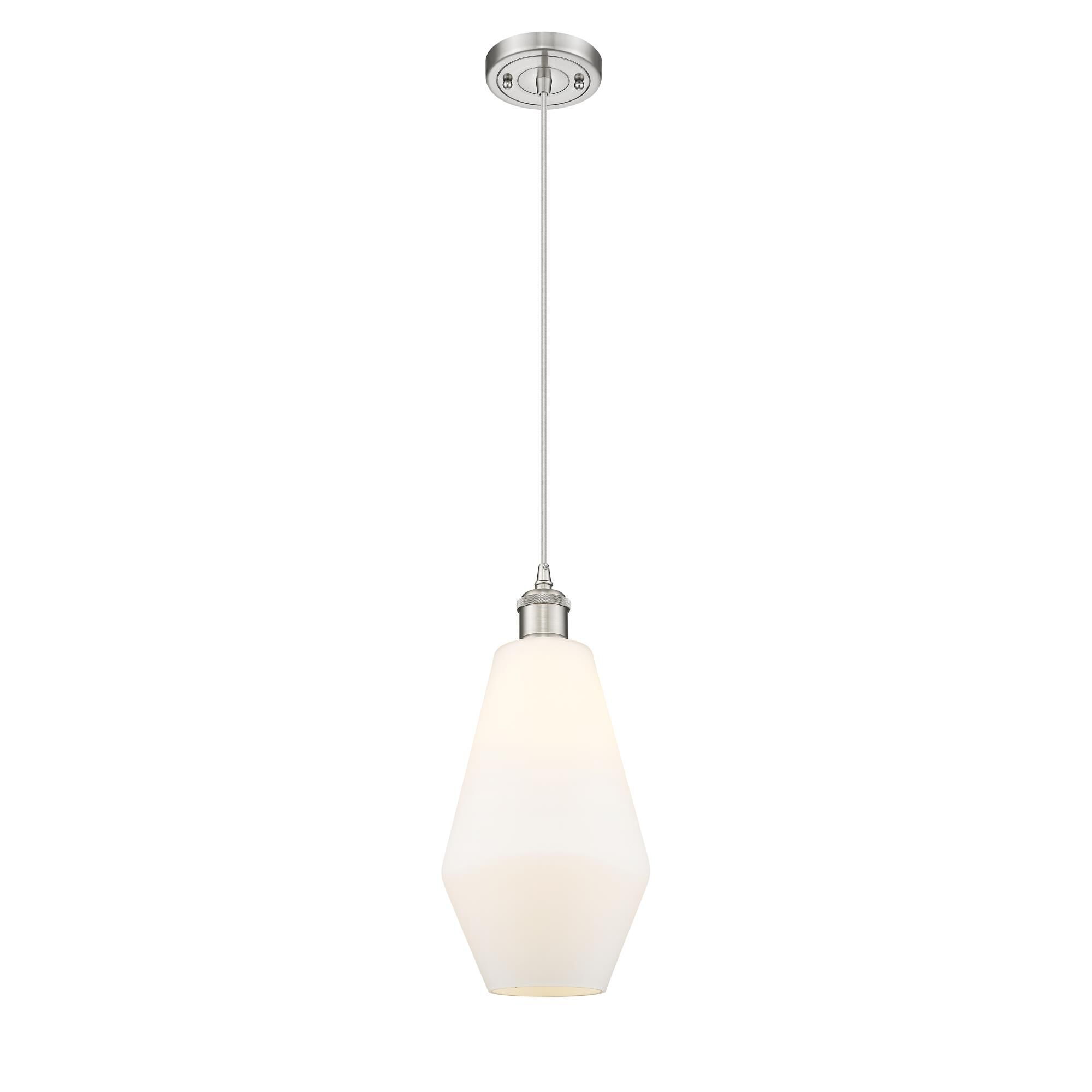 Shown in Brushed Satin Nickel finish and Cased Matte White Cindyrella 8