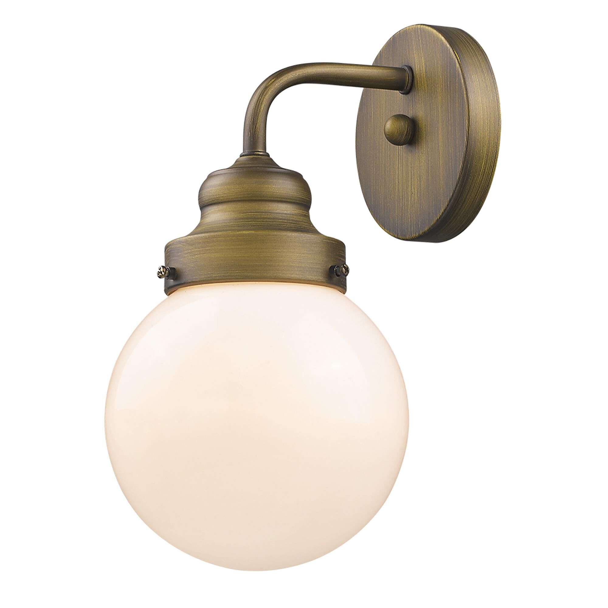 Shown in Raw Brass finish and Opal glass and Opal, Glass Globe shade