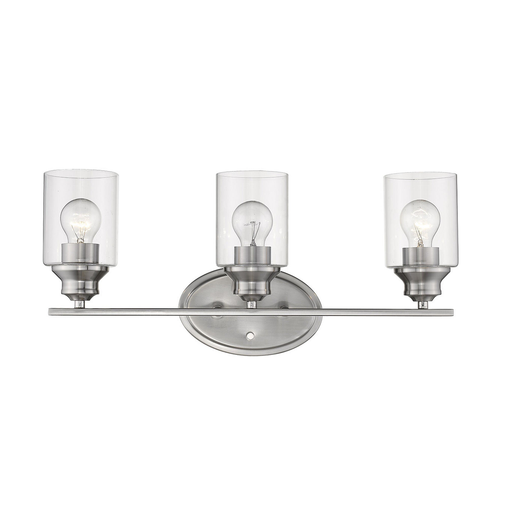 Shown in Satin Nickel finish and Clear glass and Clear, Cylindrical Glass s shade