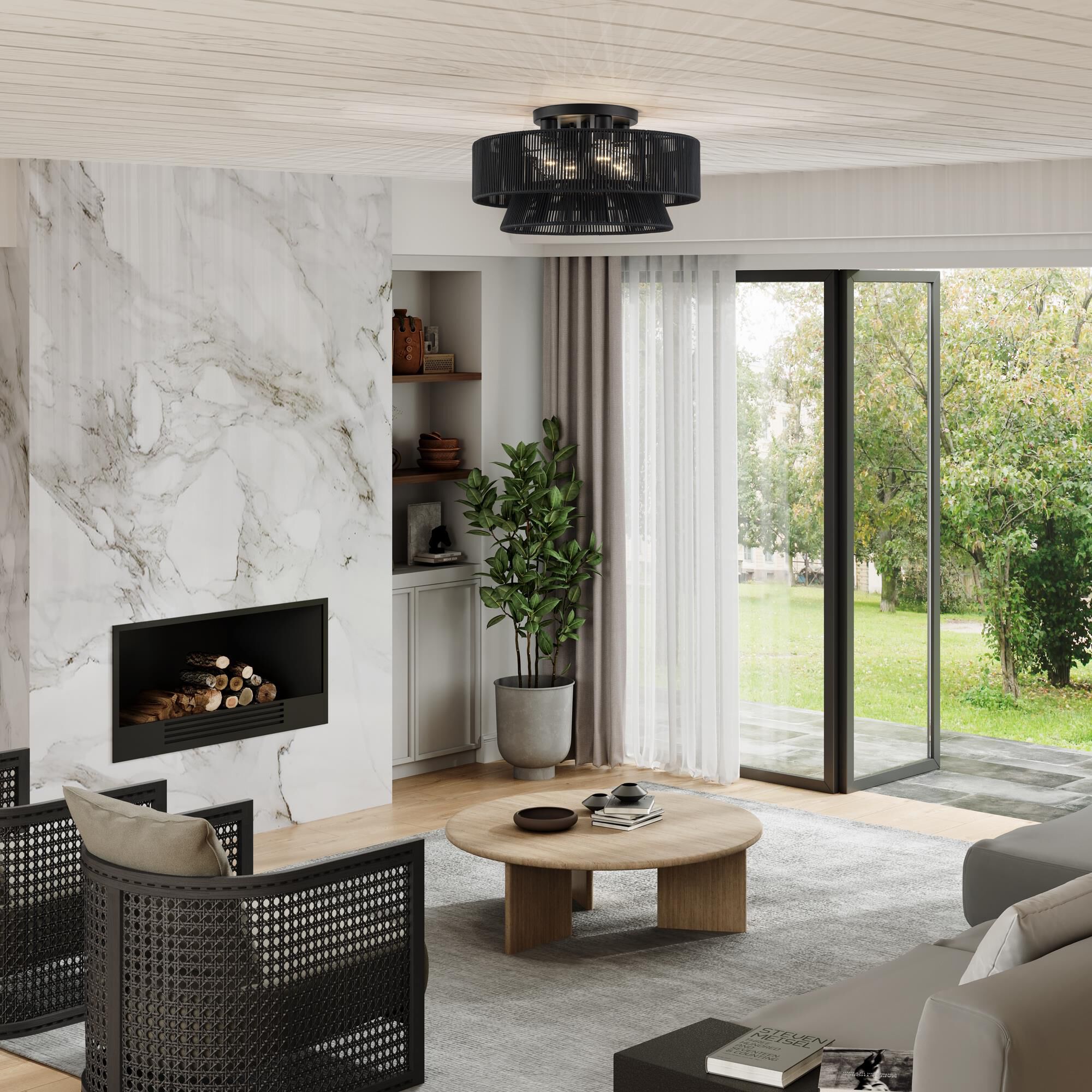 Shown in Black finish and Hand-Woven Parisian Night Color Polyester Rope shade