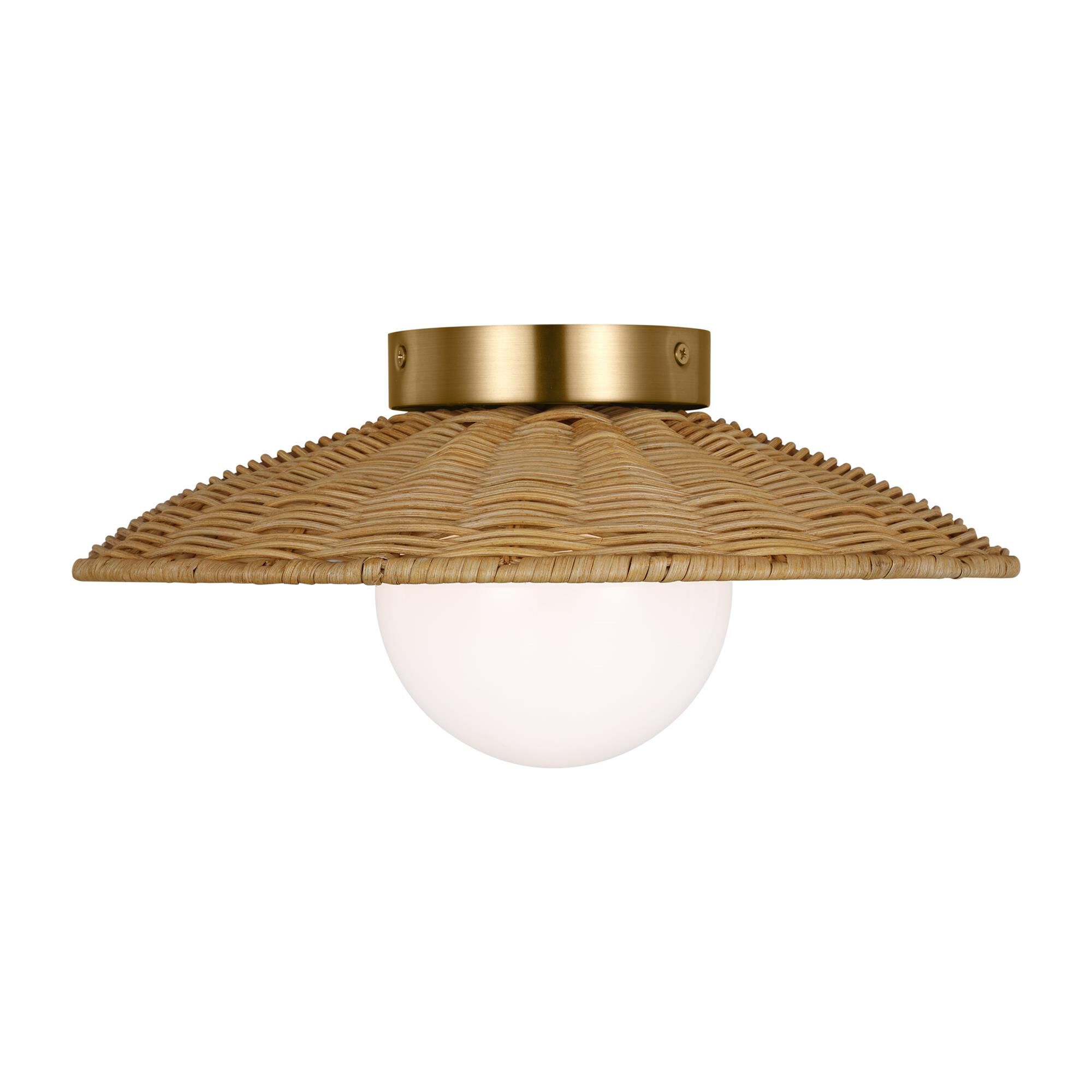 Shown in Burnished Brass finish and Milk Glass Diffuser And Natural Rattan shade