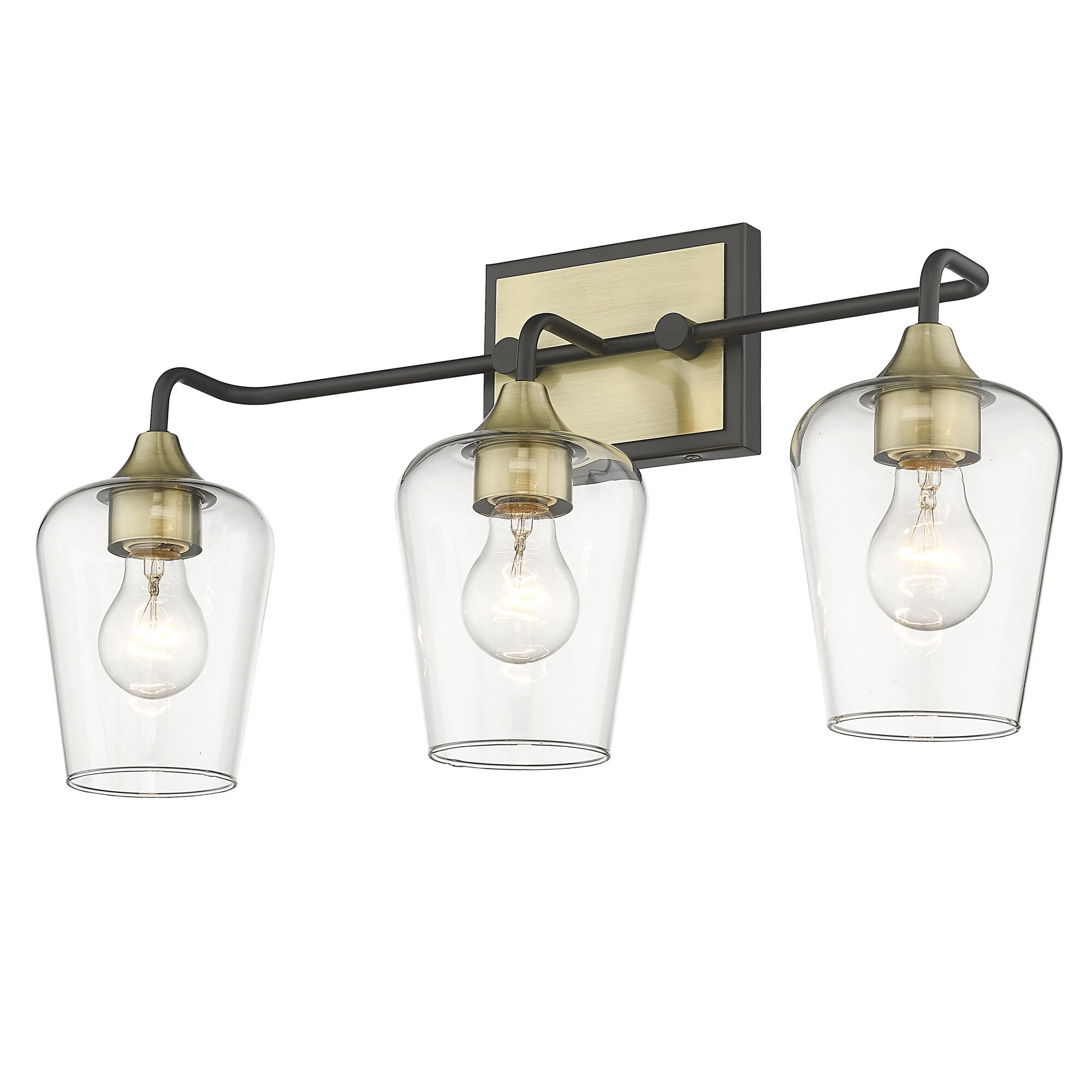 Shown in Antique Brass And Black finish and Clear Glass shade