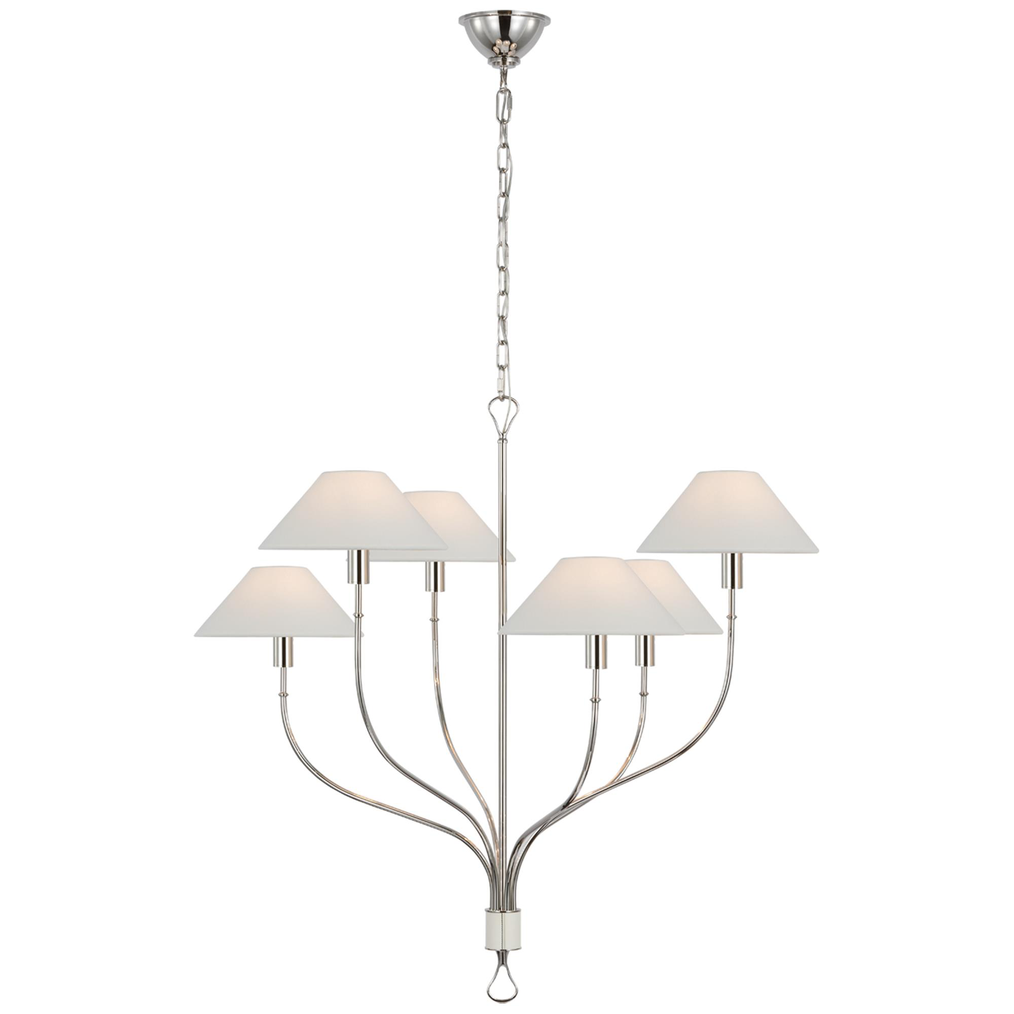 Shown in Polished Nickel and Parchment Leather finish and Linen shade