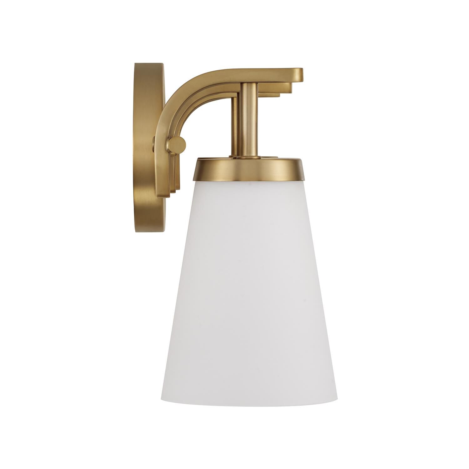 Shown in Aged Brass finish and Soft White glass