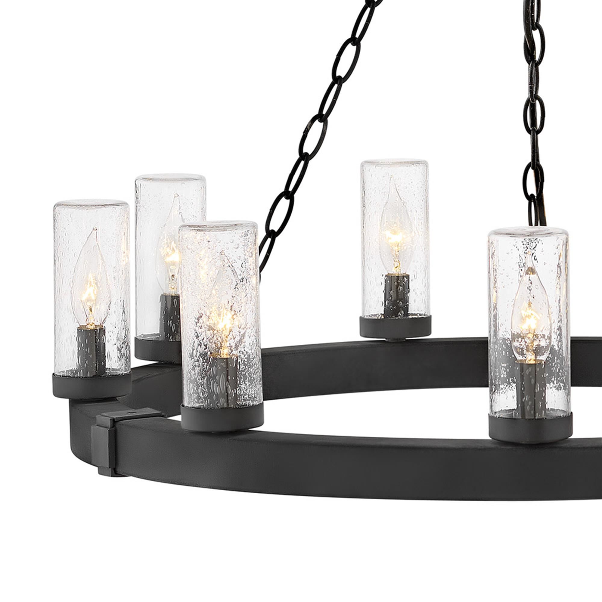 Shown in Black finish and Clear Seedy glass