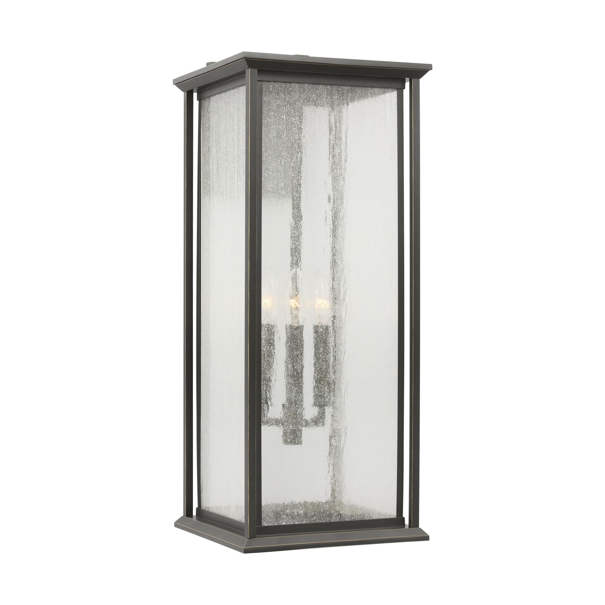 Shown in Antique Bronze finish and Distressed Seeded Glass Panels shade