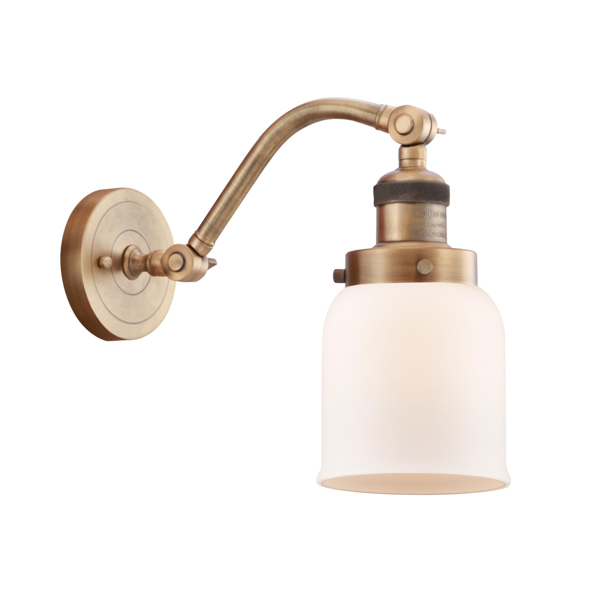 Shown in Brushed Brass finish and Matte White Cased Small Bell glass