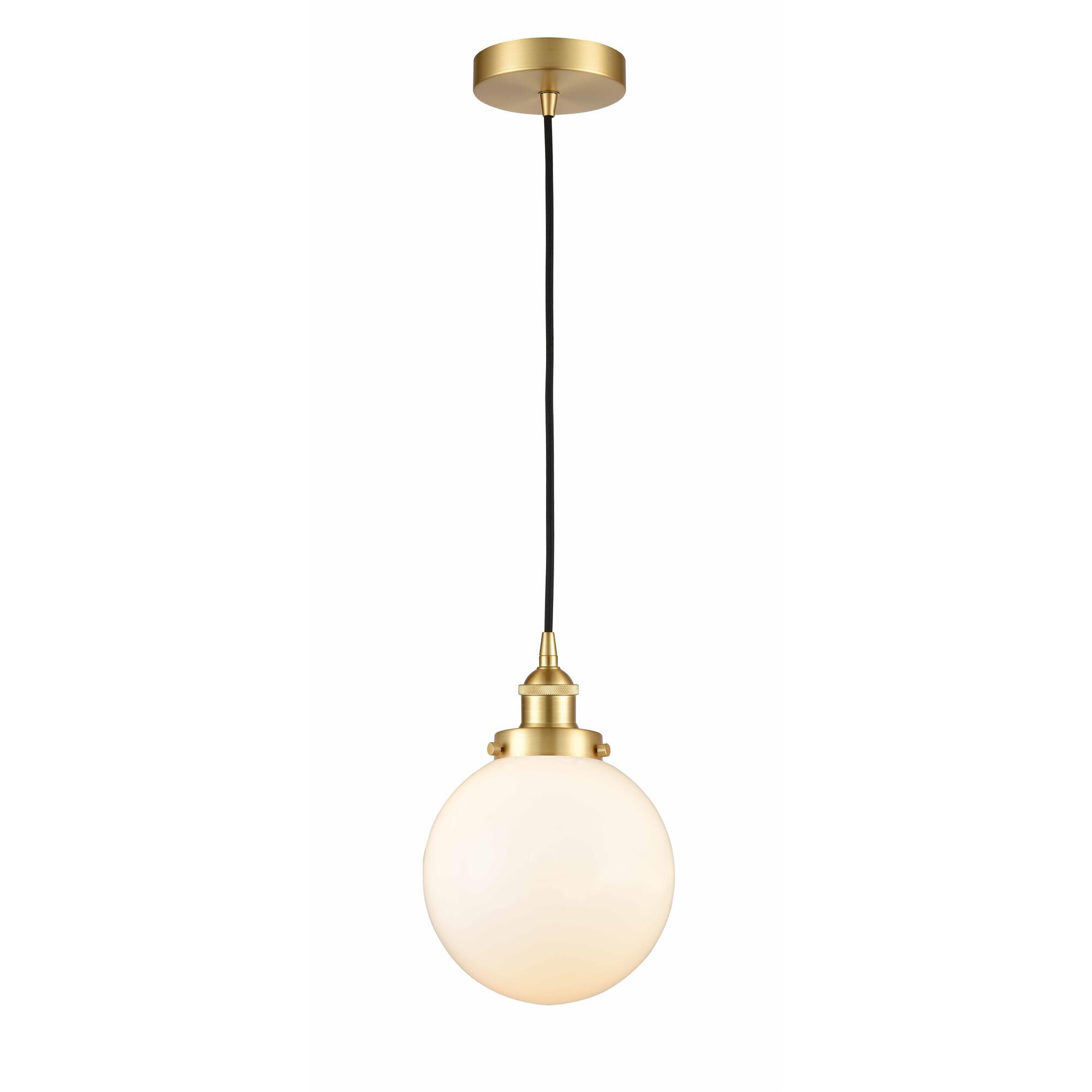 Shown in Satin Gold finish and Matte White Cased Beacon glass