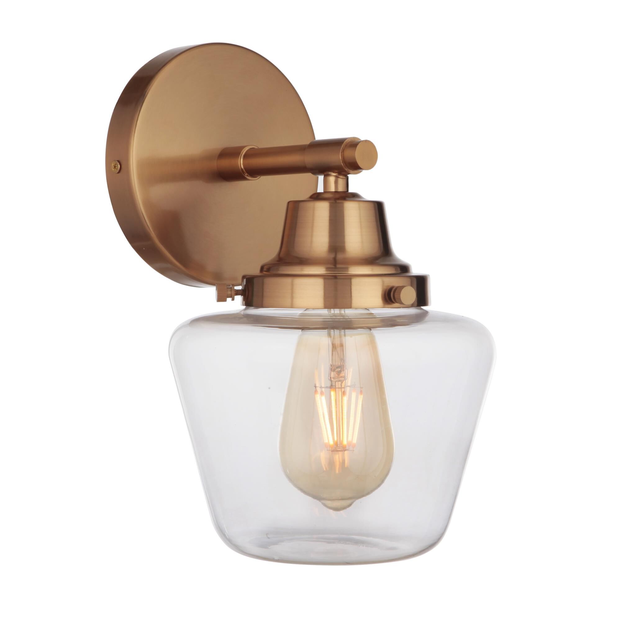 Shown in Satin Brass finish and Clear glass and Glass shade