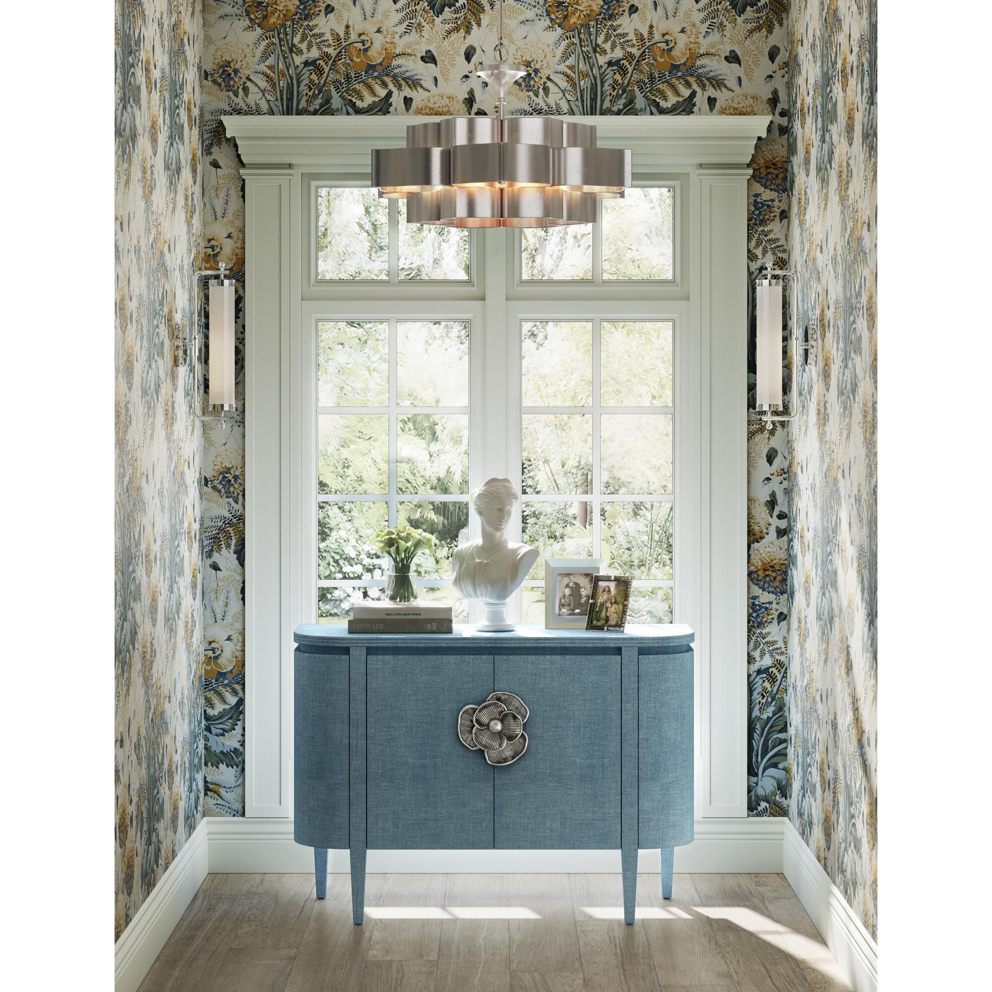 Shown in Lacquered Blue Linen, Natural Oak and Polished Nickel finish