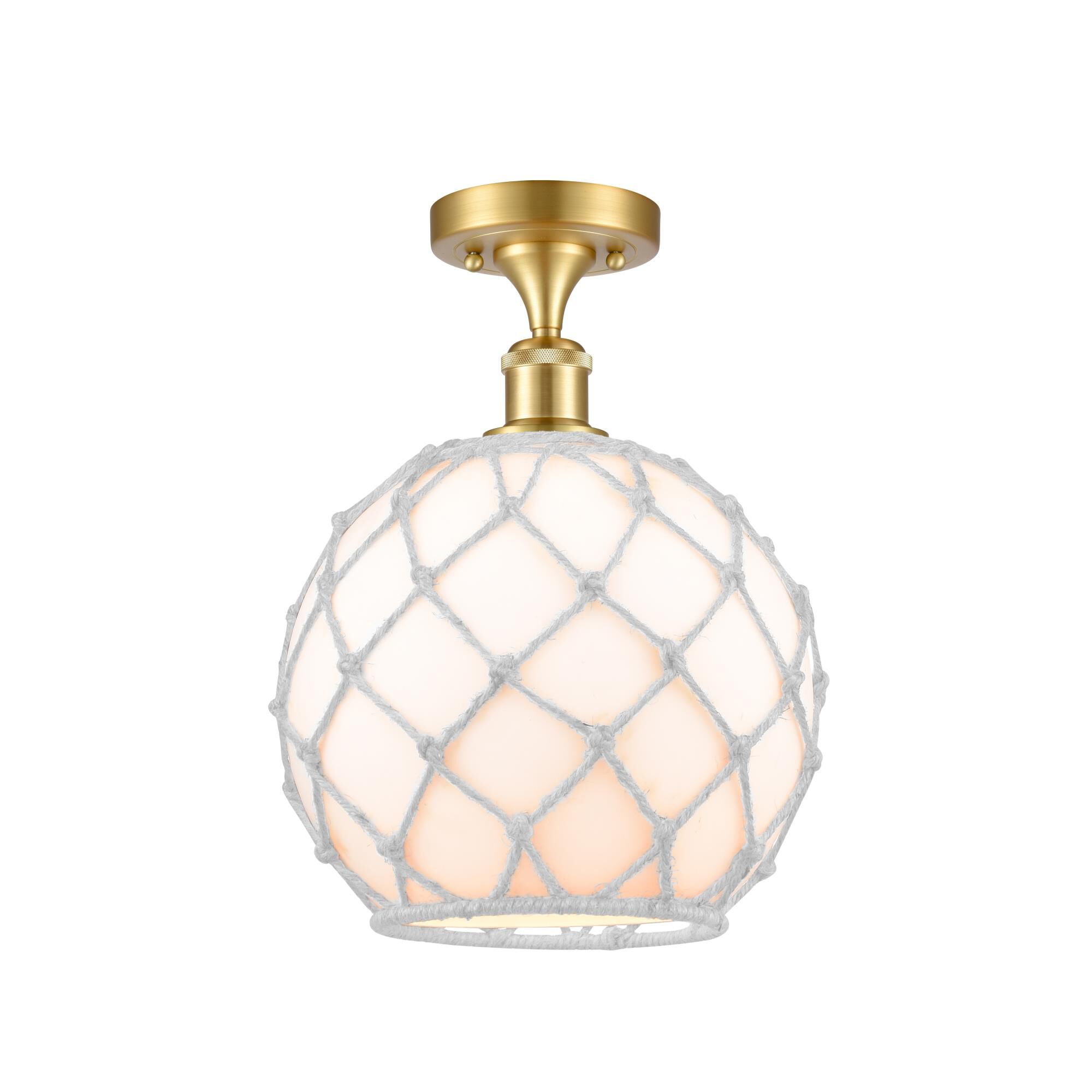 Shown in Satin Gold finish and White Large Farmhousewith White Rope glass