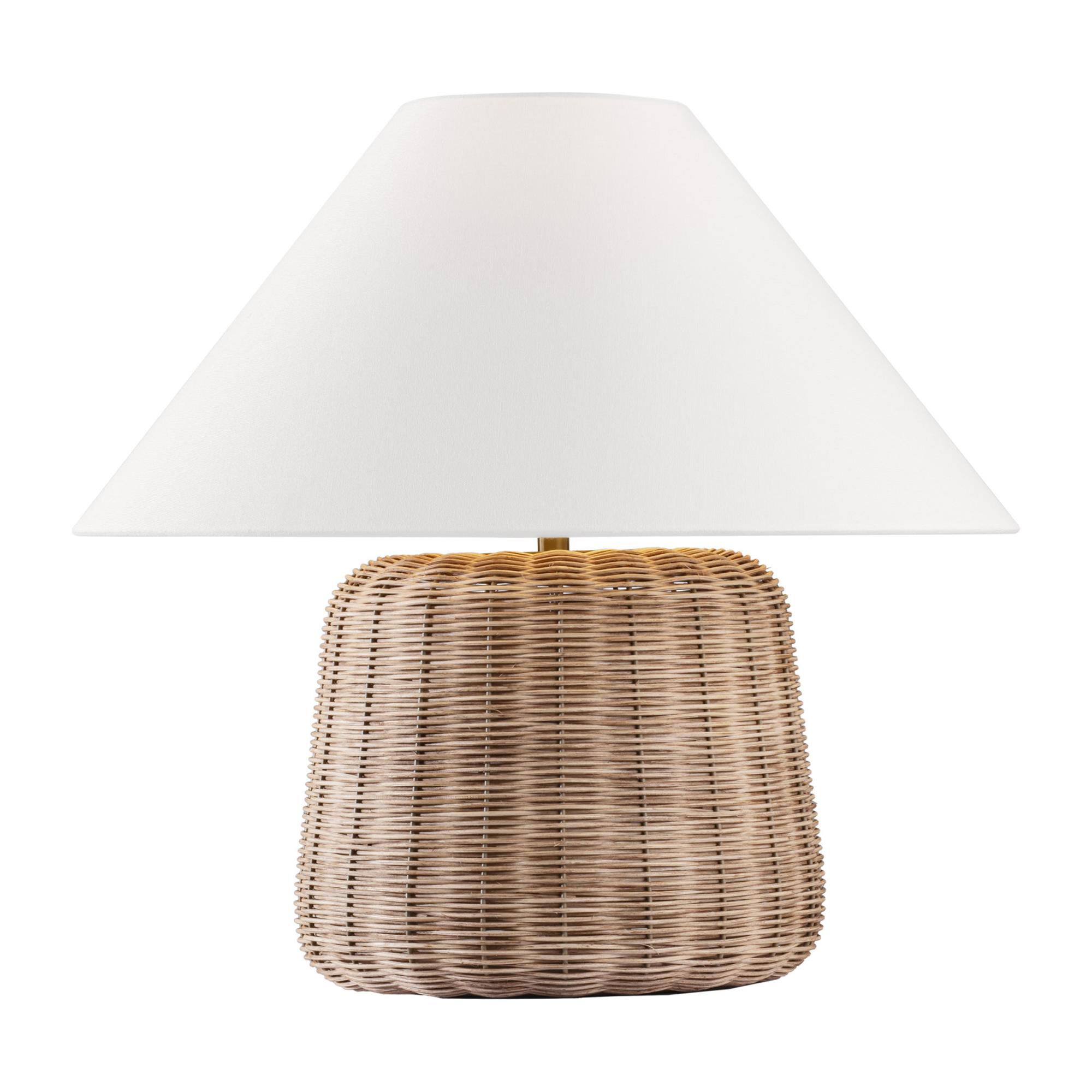 Shown in Blonde Rattan finish and White Linen shade