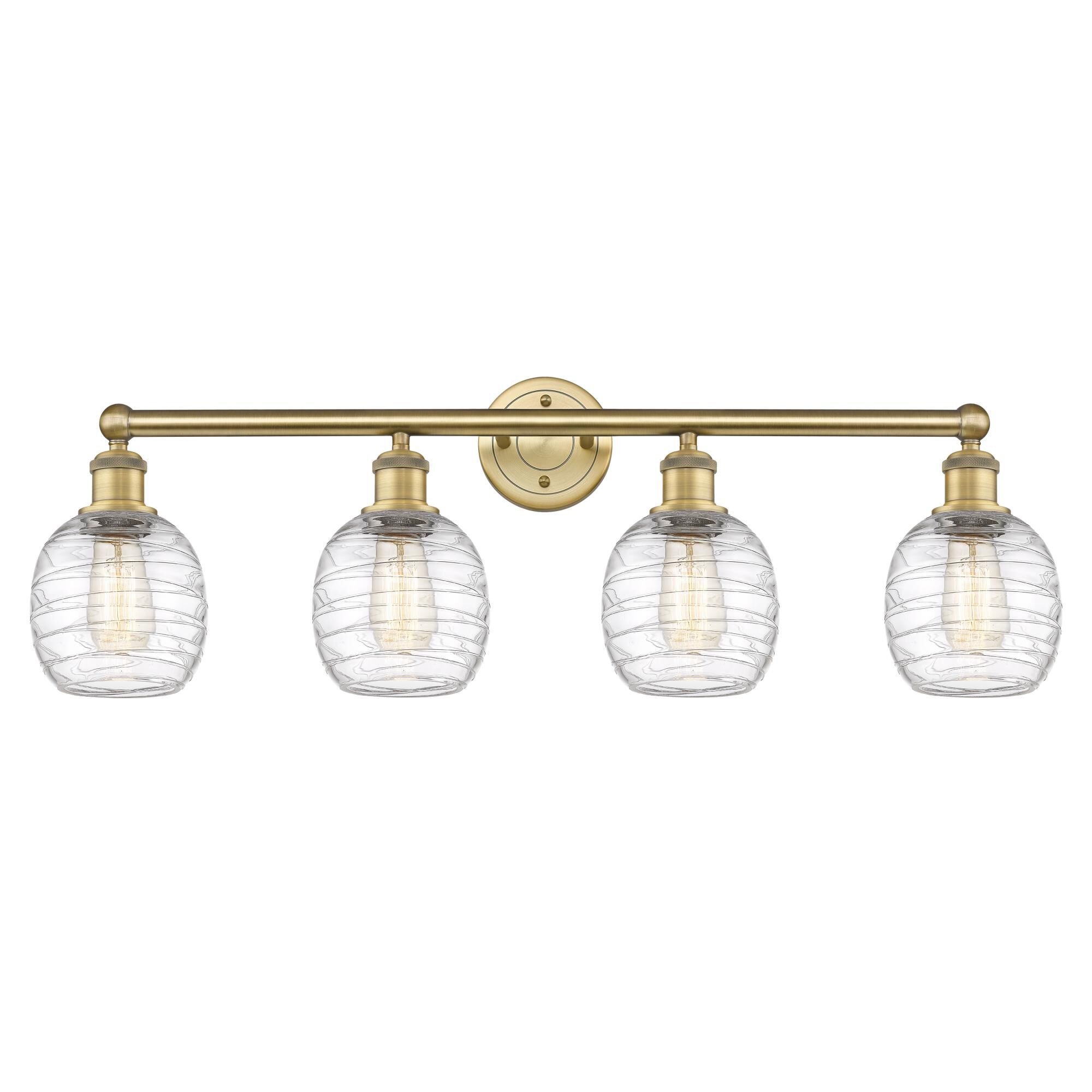 Shown in Brushed Brass finish and Deco Swirl glass