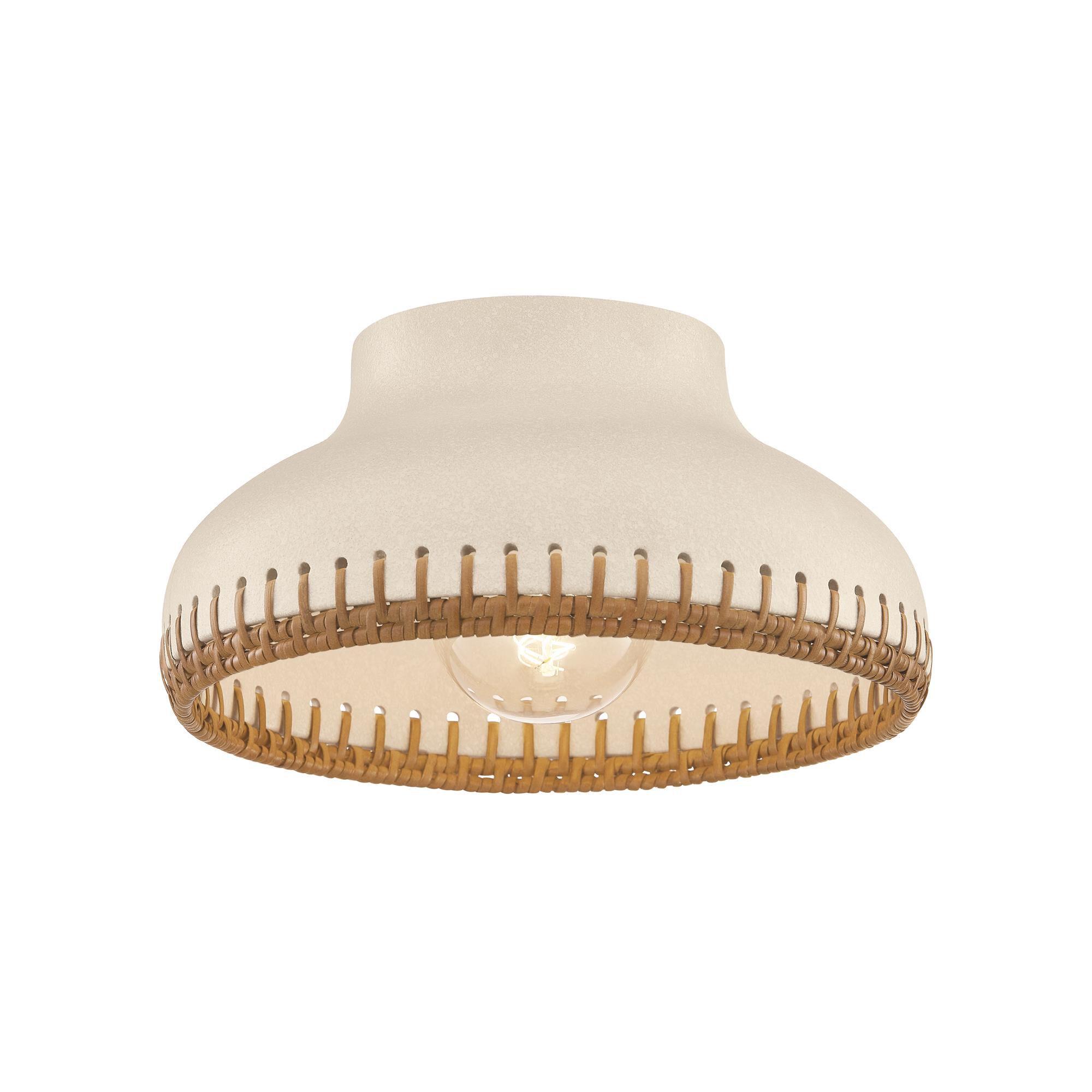 Shown in Aged Brass and Ceramic Cream Pebble finish and Rattan Weave Ceramic shade