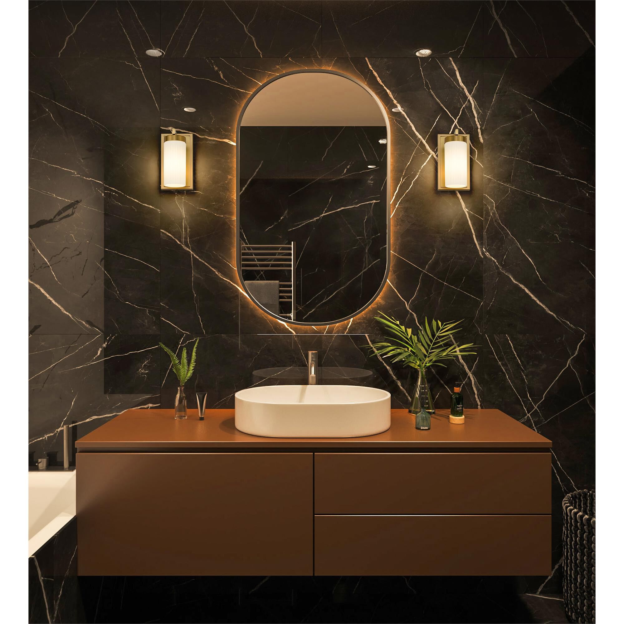 Shown in Modern Gold finish and White glass and White shade
