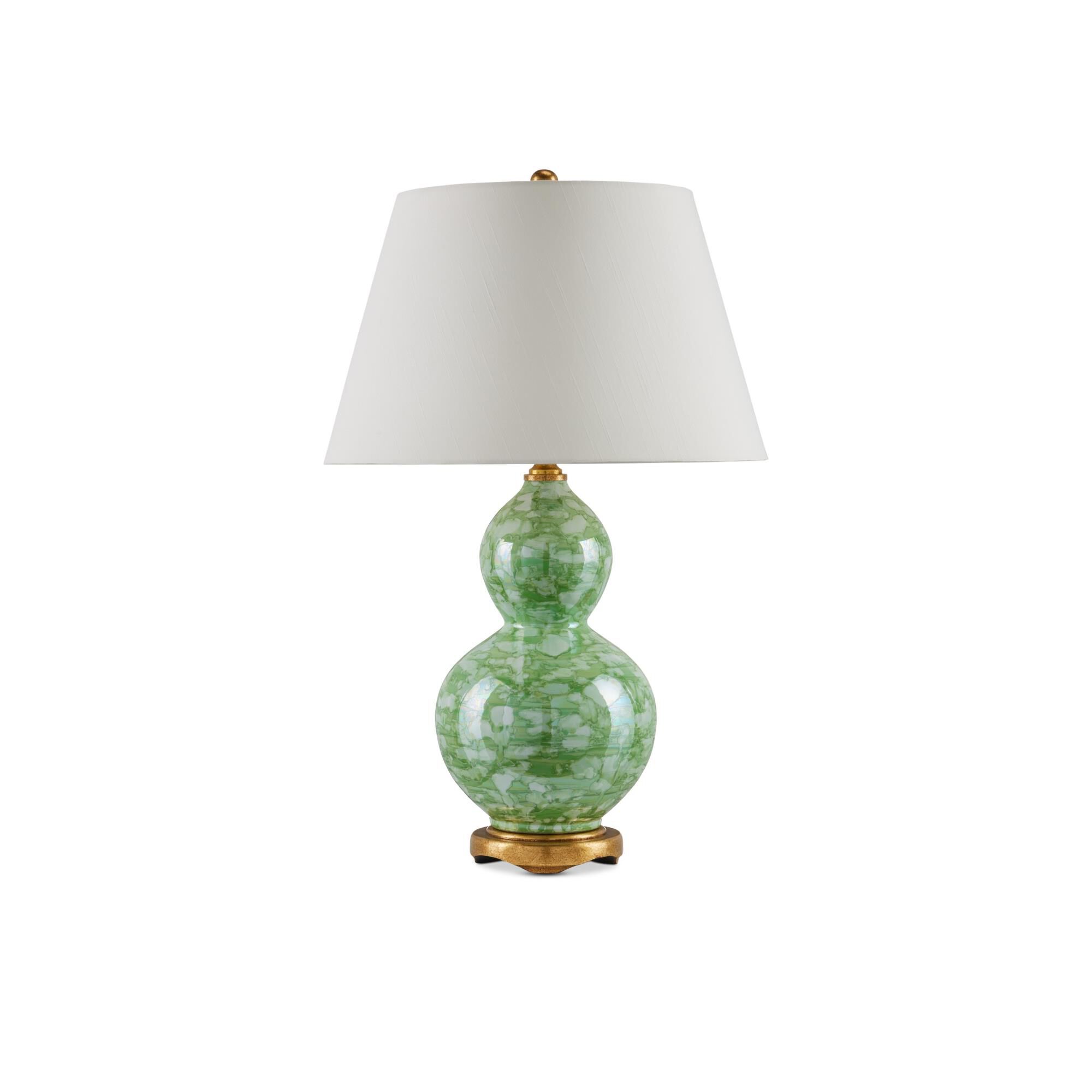 Shown in Green, Textured Antique Gold Leaf finish and Off-White Linen shade