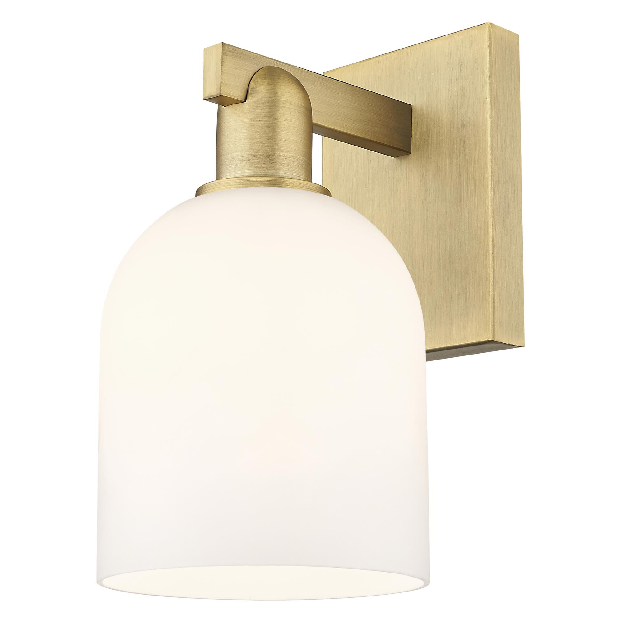 Shown in Brushed Brass finish and White glass