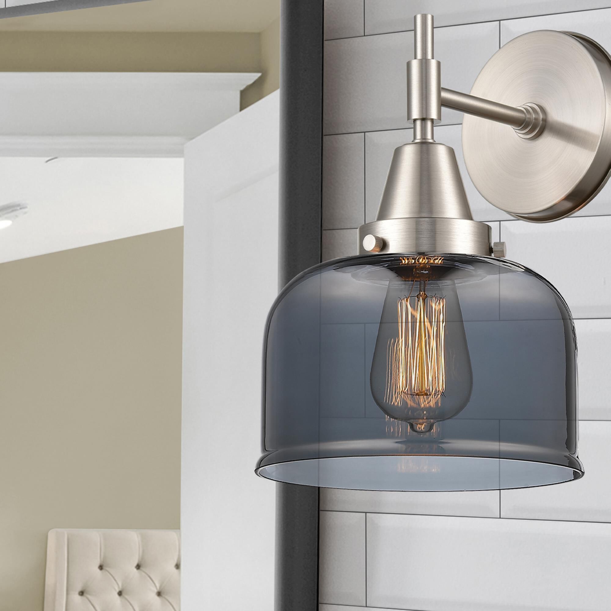 Shown in Satin Nickel finish and Plated Smoke Large Cone glass