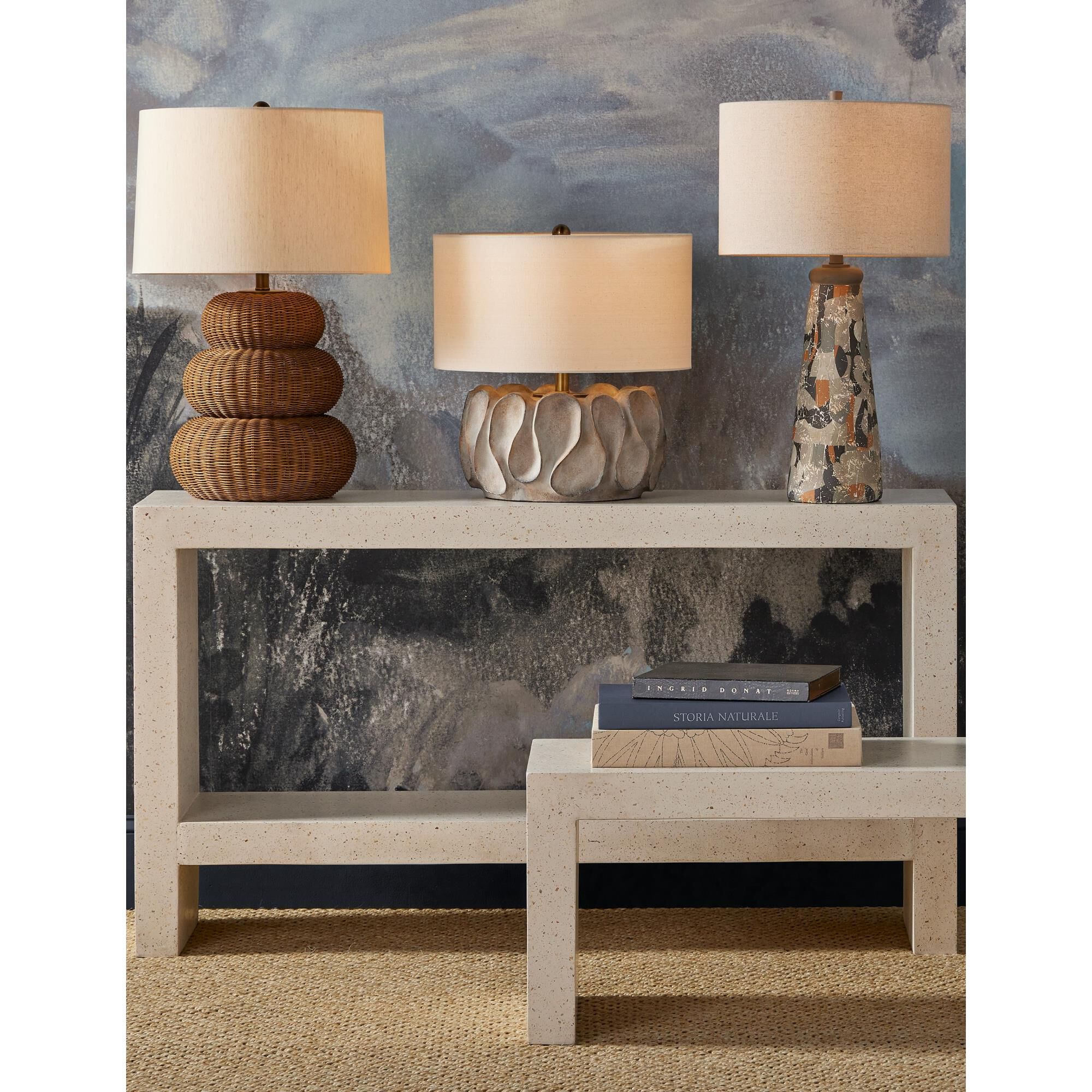 Shown in Gray, Dark Gray and Brown, Light Antique Brass finish and Beige Linen shade