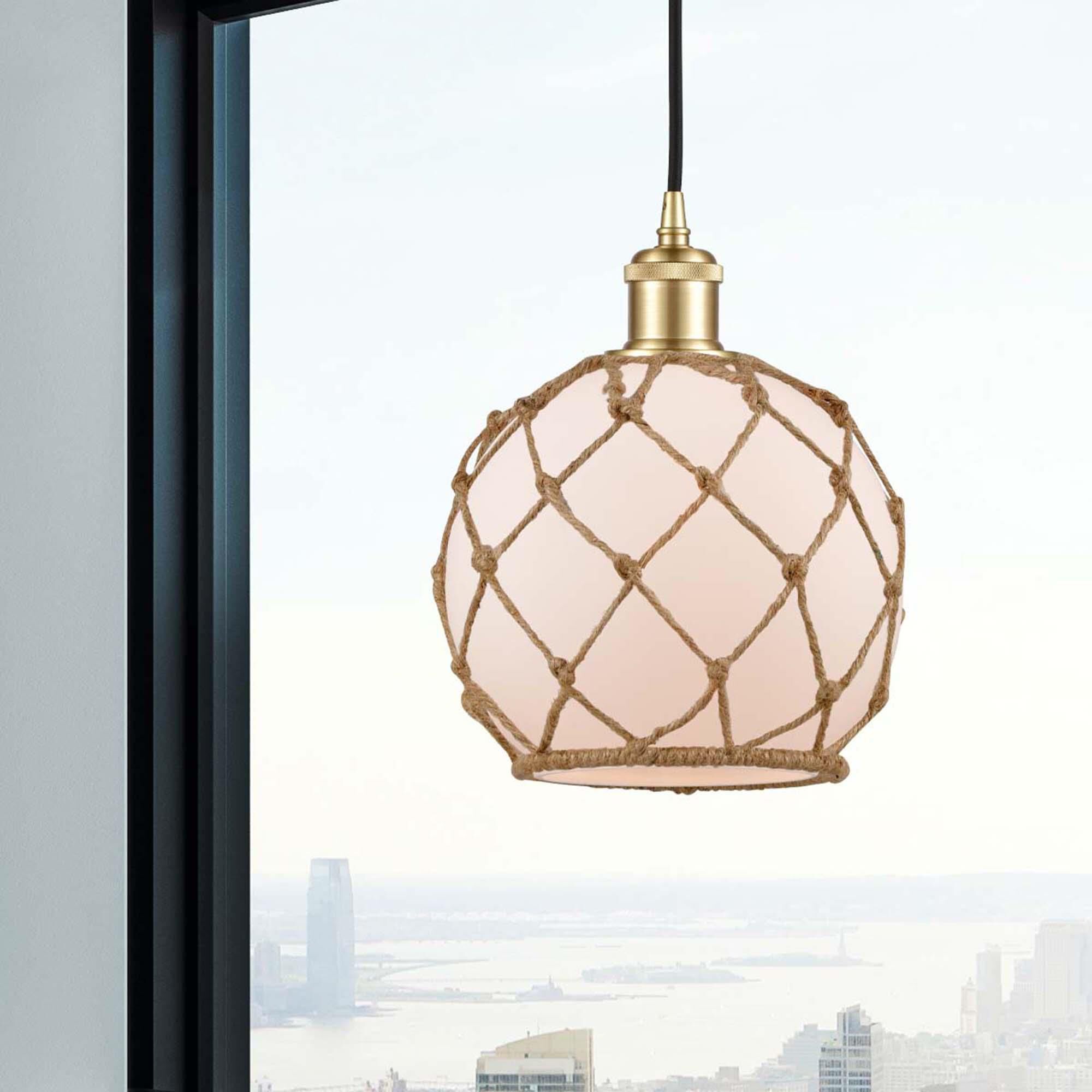 Shown in Satin Gold finish and White Farmhousewith Brown Rope glass and Polished Chrome accent