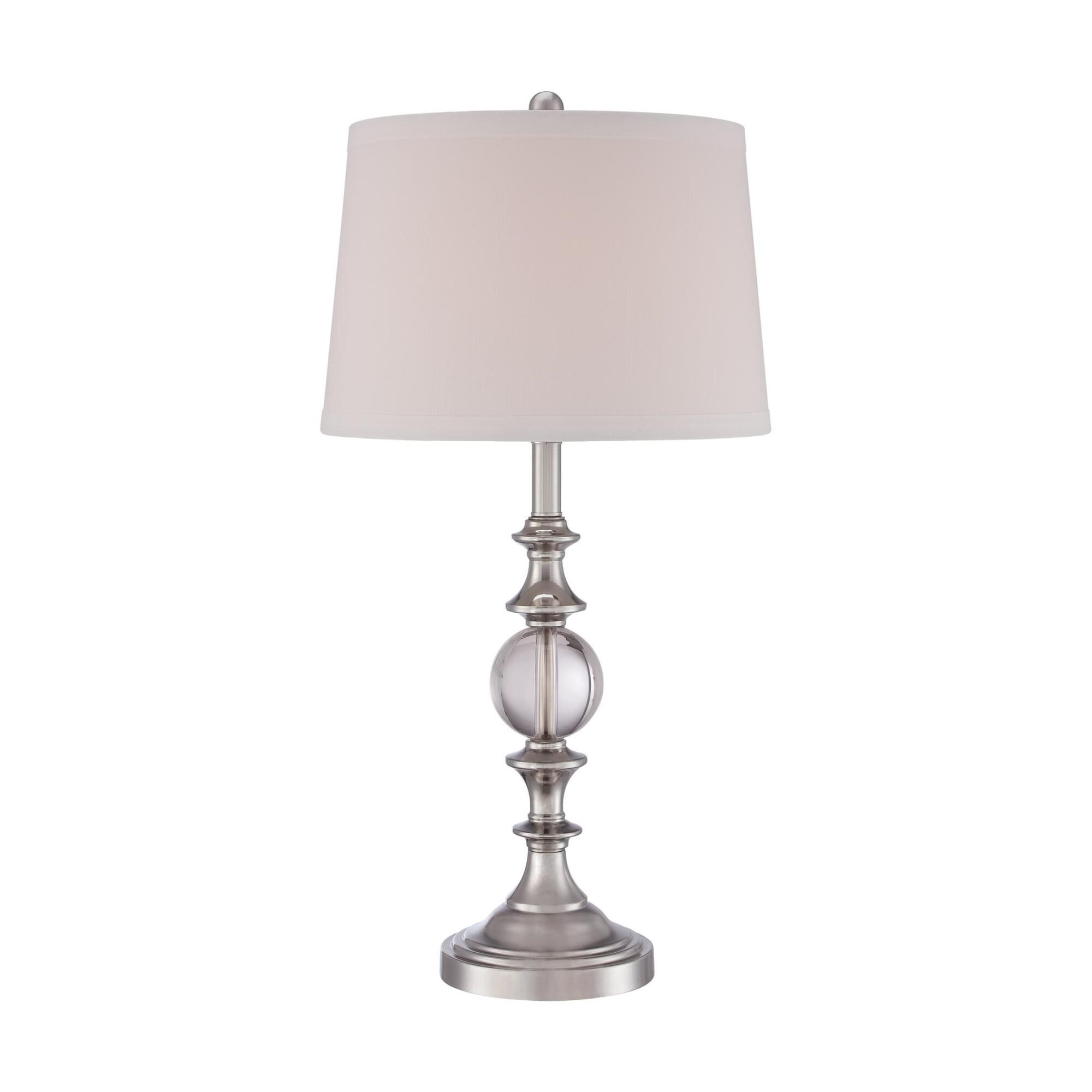 Shown in Brushed Nickel finish and Off White Hardback Fabric shade