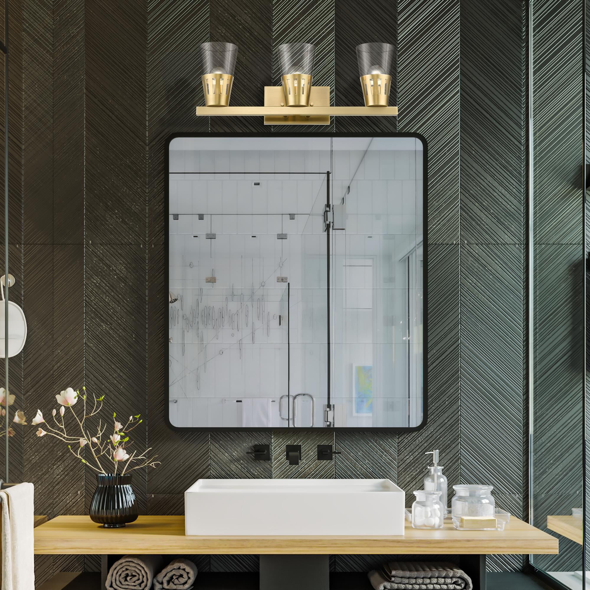 Shown in Natural Brass finish and Hand Blown Clear glass