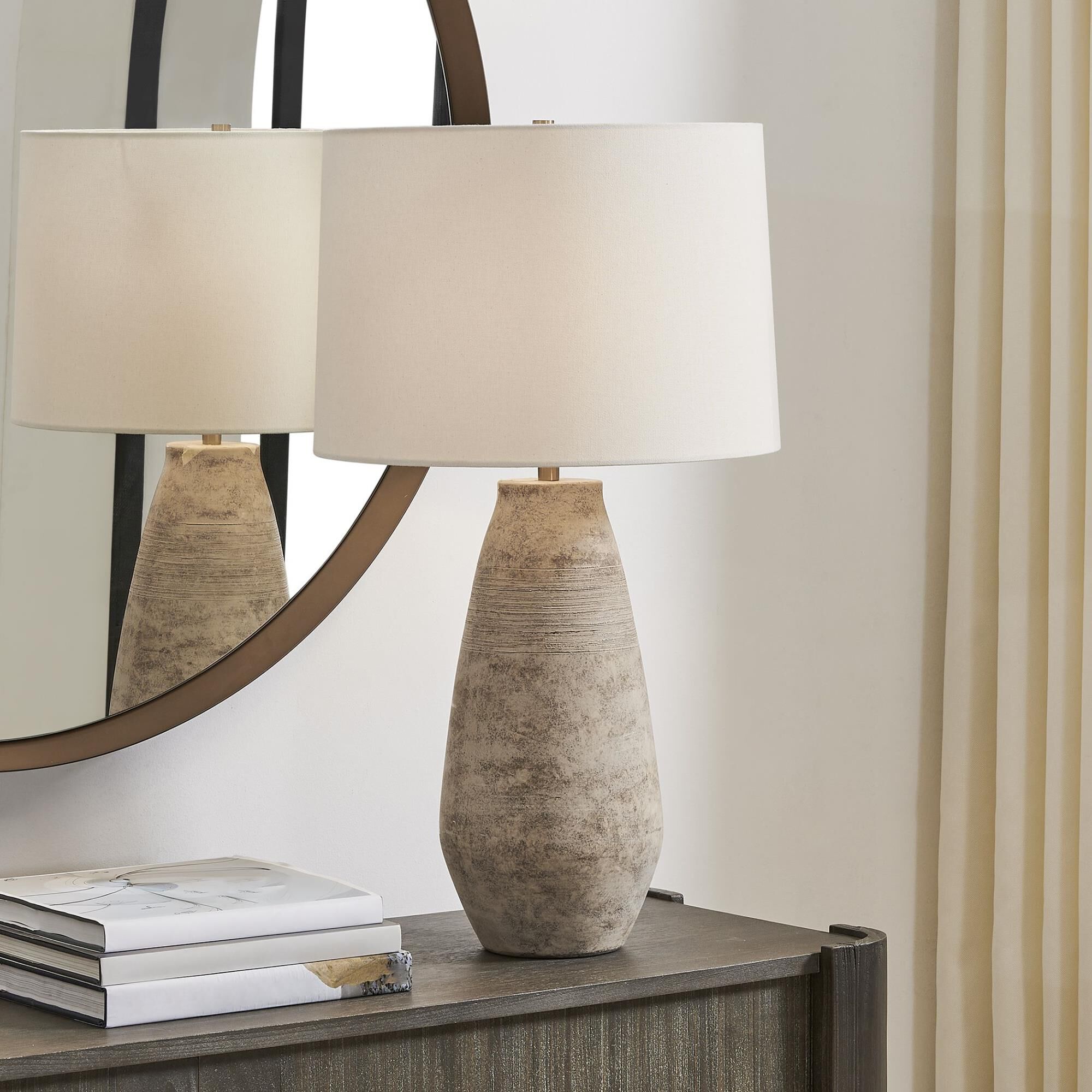 Shown in Brown, Gray finish and Round with Liner shade