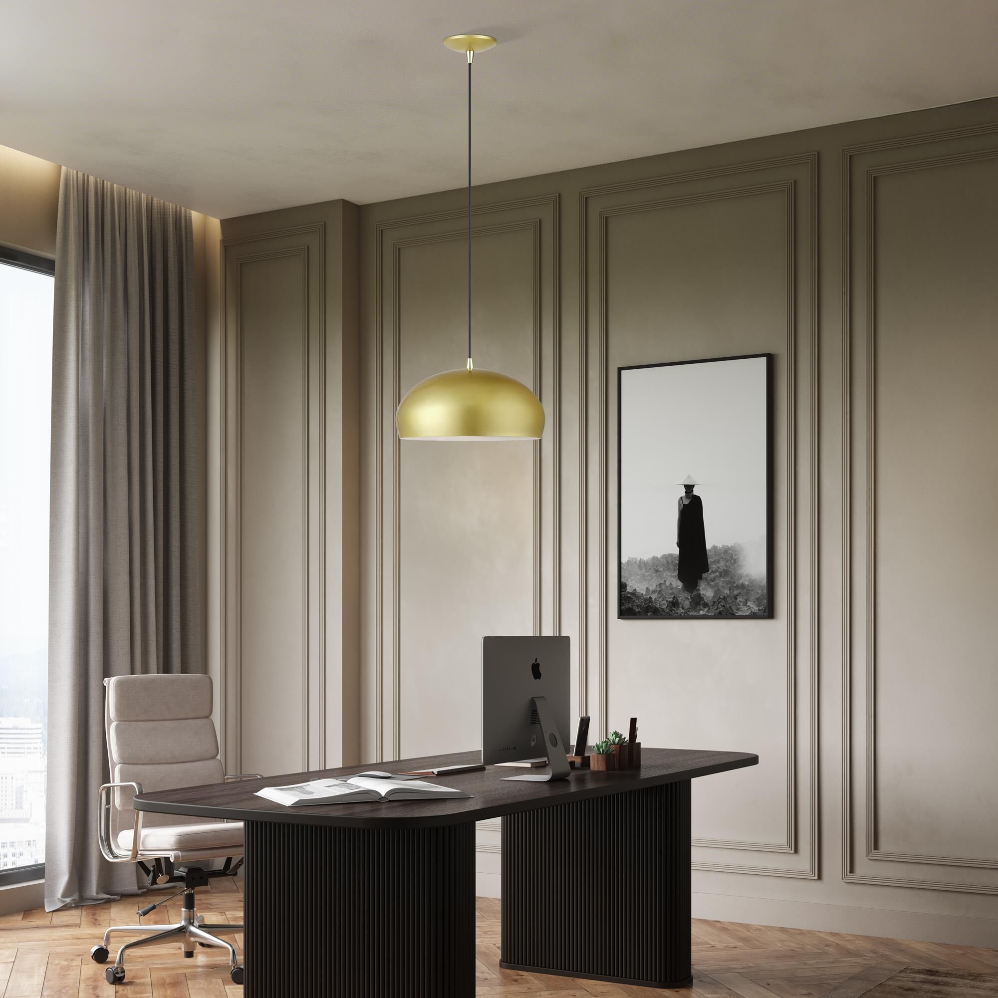 Shown in Soft Gold with Polished Brass Accents finish and Soft Gold Steel with Shiny White Inside shade