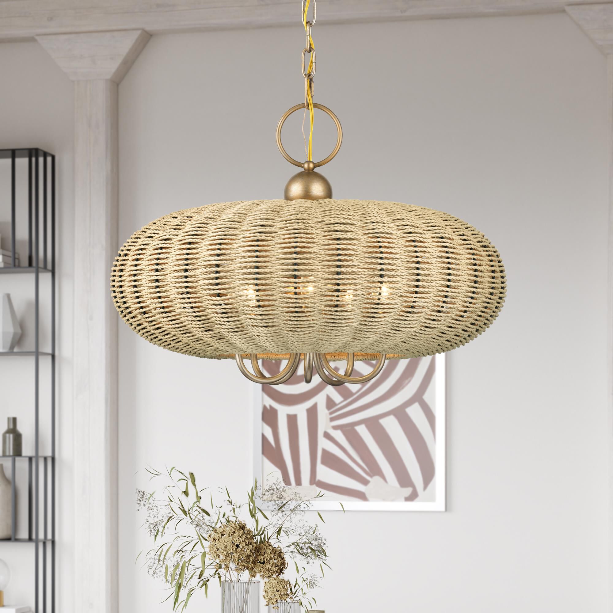 Shown in Antique Gold Leaf finish and Hand-Woven French Beige Paper Rope shade