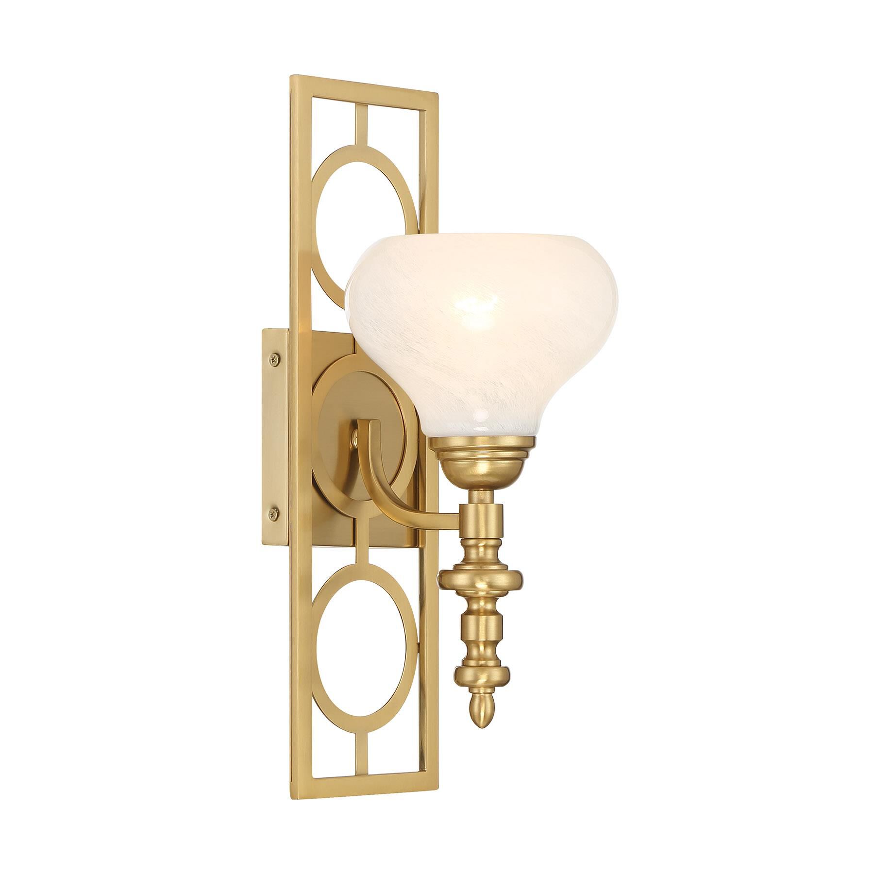 Shown in Warm Brass finish and White Strie glass