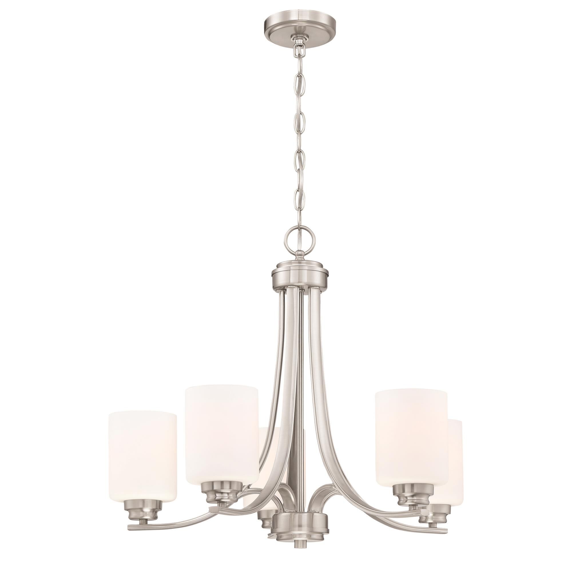 Shown in Brushed Polished Nickel finish and White Frosted glass and Glass shade