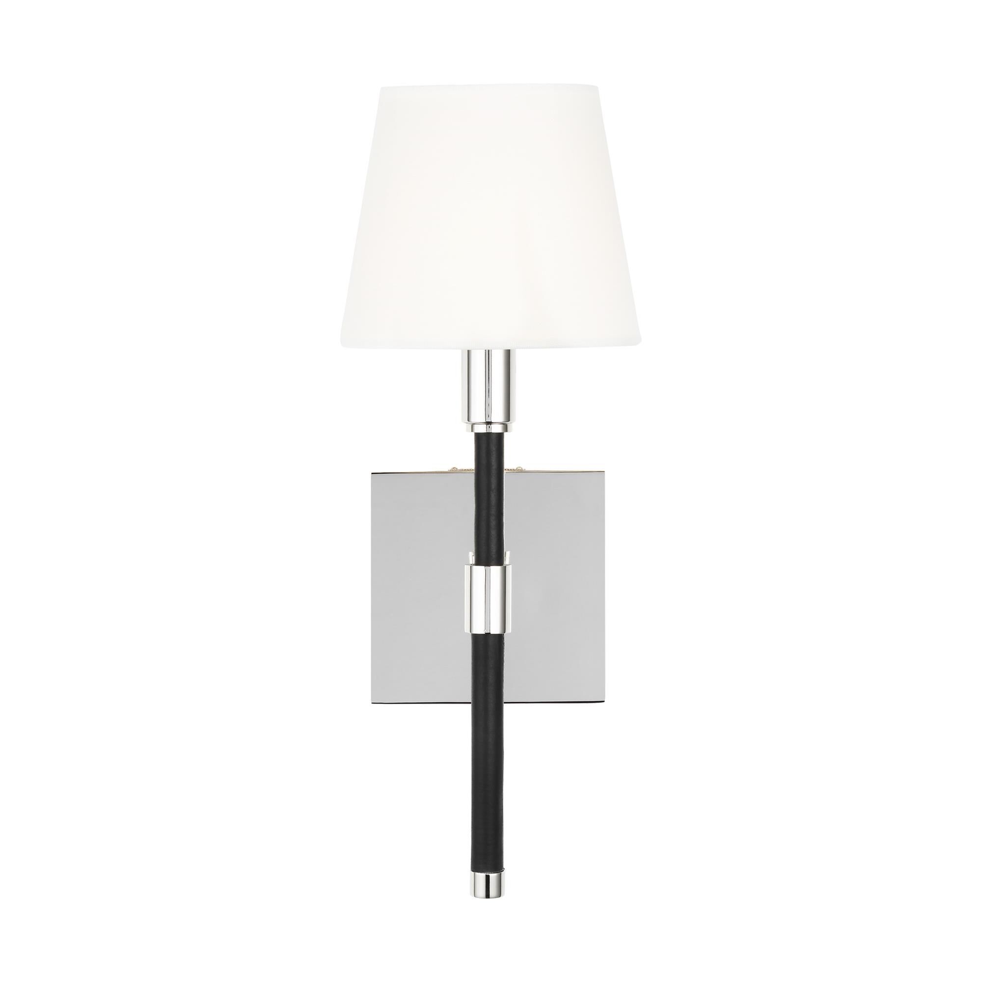 Shown in Polished Nickel finish and White Linen Fabric shade