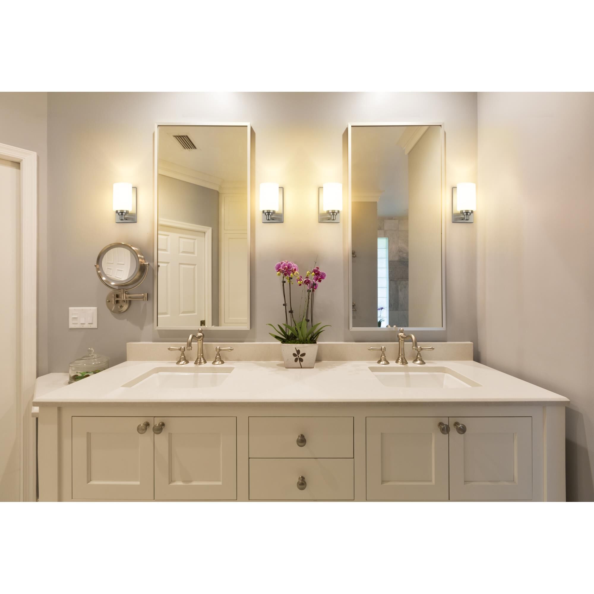 Shown in Brushed Nickel finish and White glass