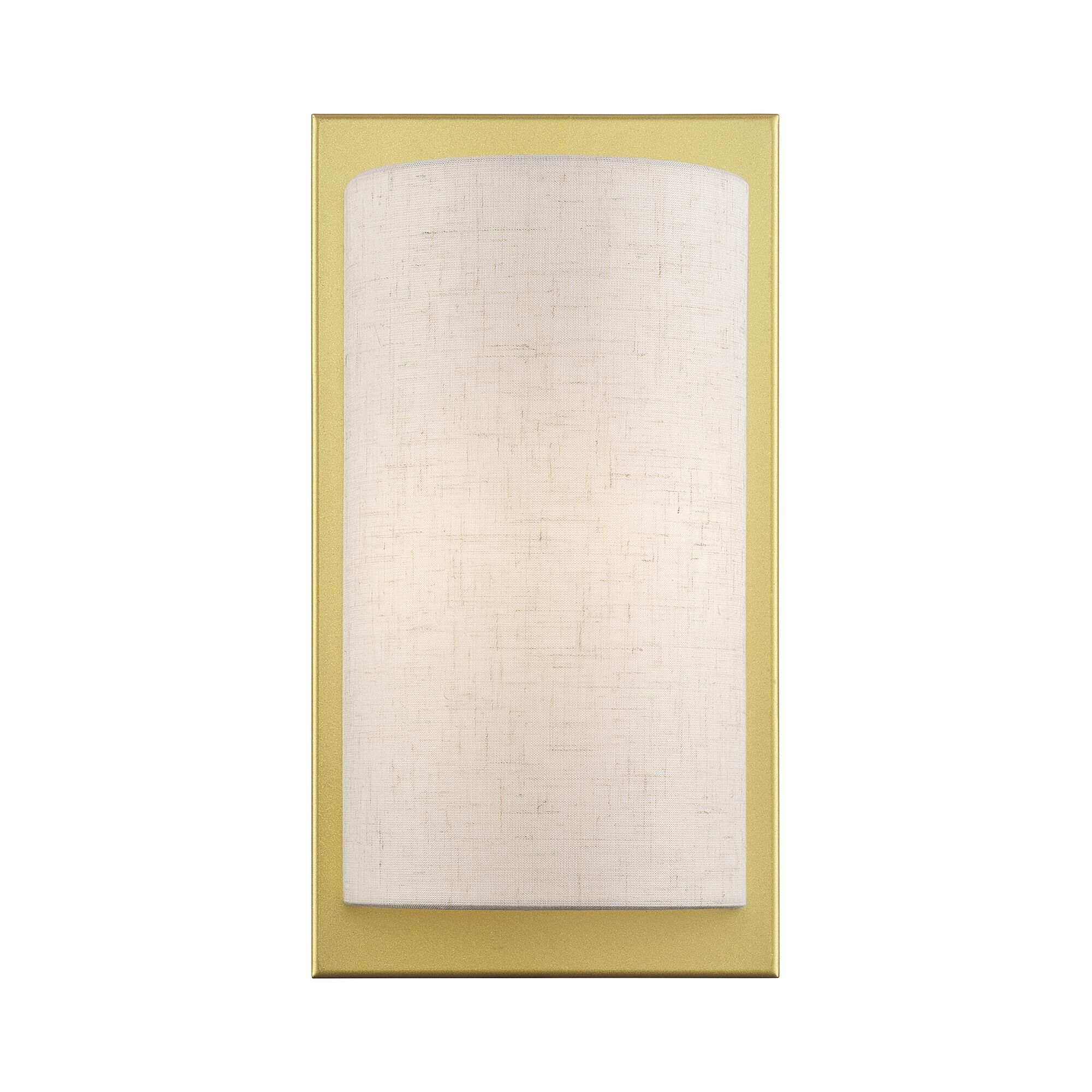 Shown in Soft Gold finish and Hand Crafted Oatmeal Color Hardback with White Fabric Inside shade