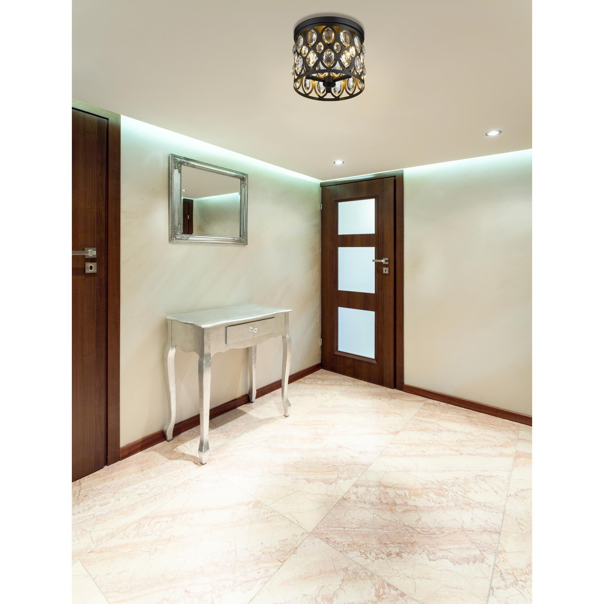 Shown in Matte Black finish and Steel + K9 Crystal glass and Steel + K9 Crystal shade