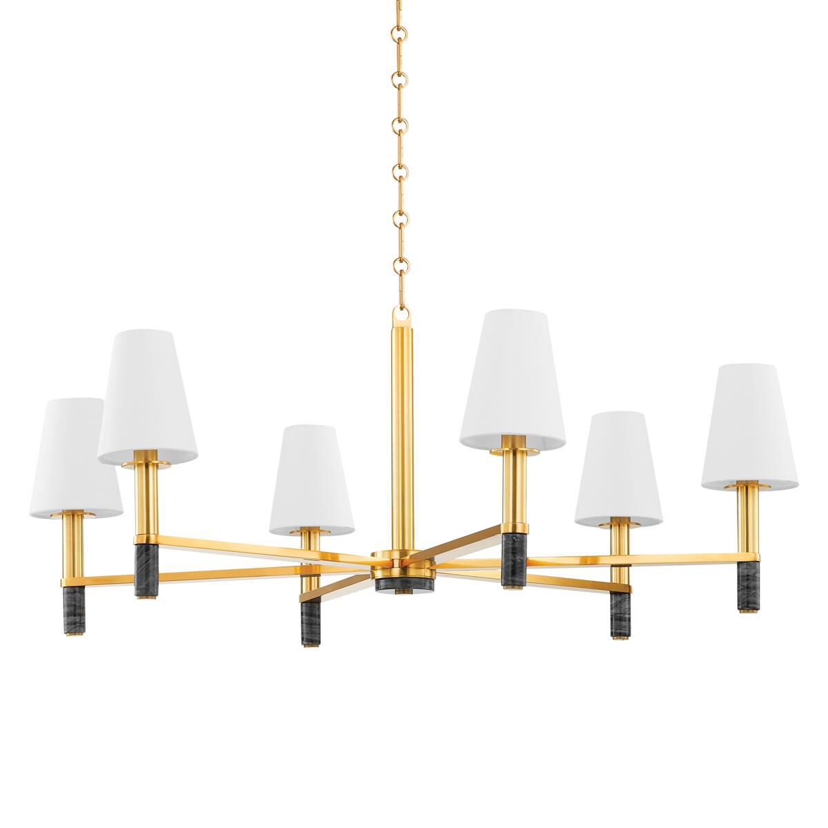 Shown in Aged Brass finish and White Linen shade
