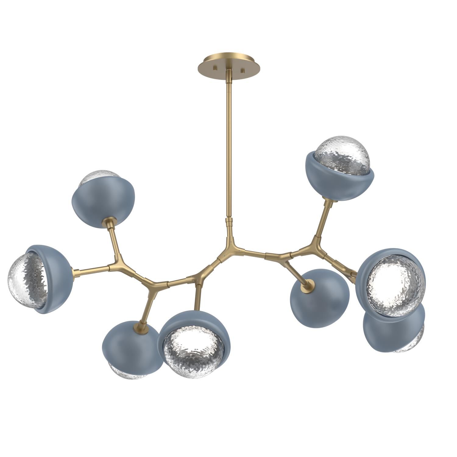Shown in Gilded Brass finish and Clear glass and Poppy Blue accent