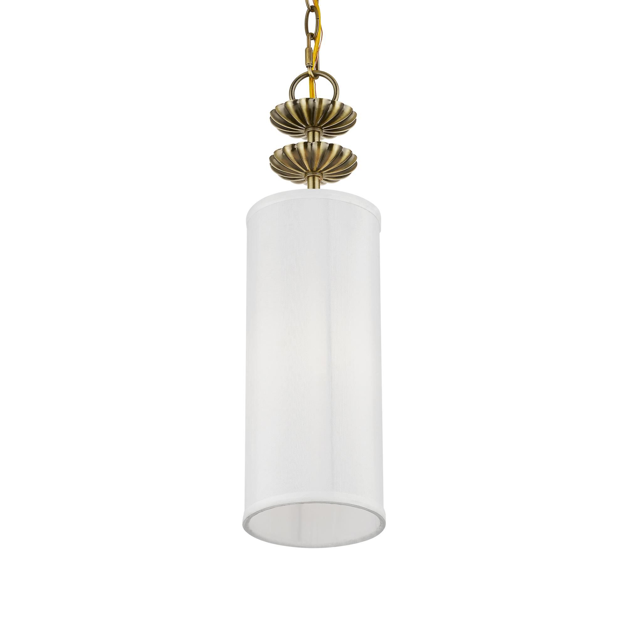 Shown in Antique Brass finish and Off-White Fabric Hardback with White Fabric Inside shade