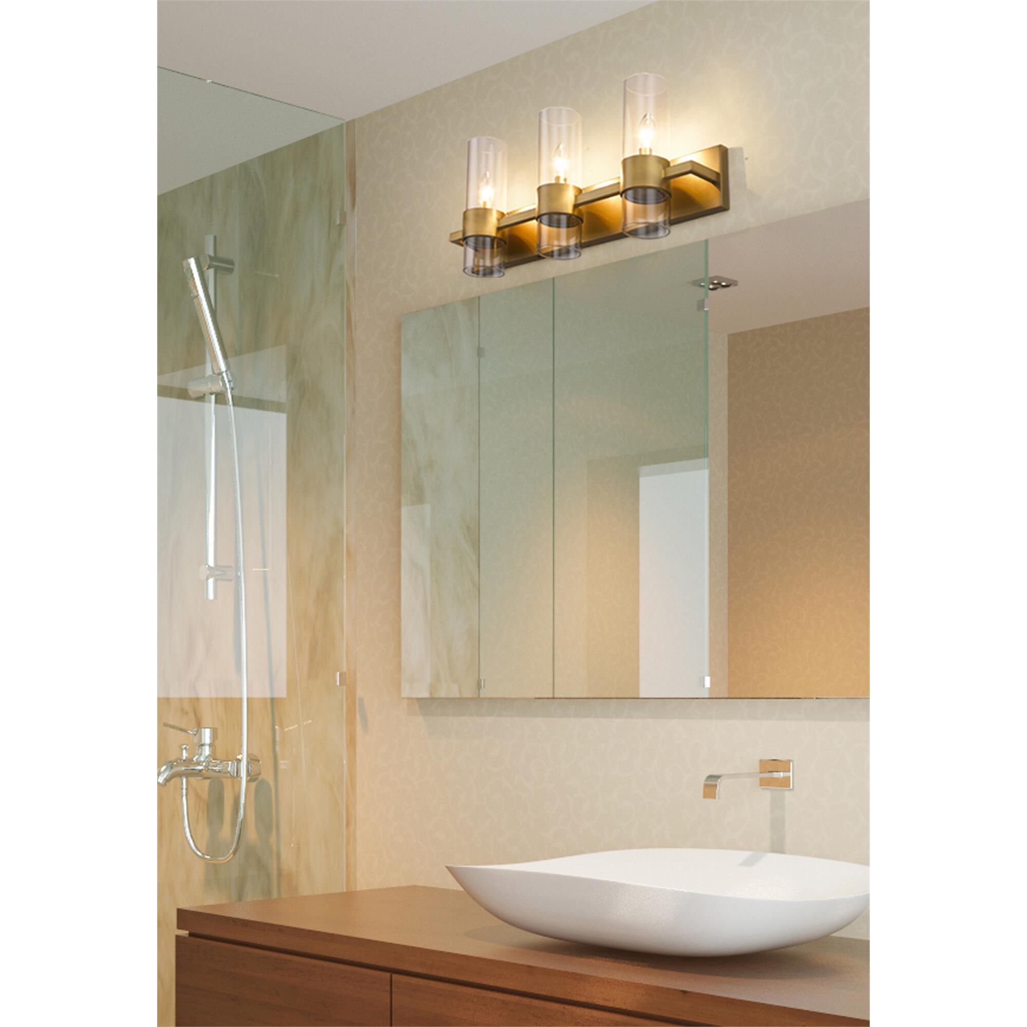 Shown in Rubbed Brass finish and Clear glass and Clear shade